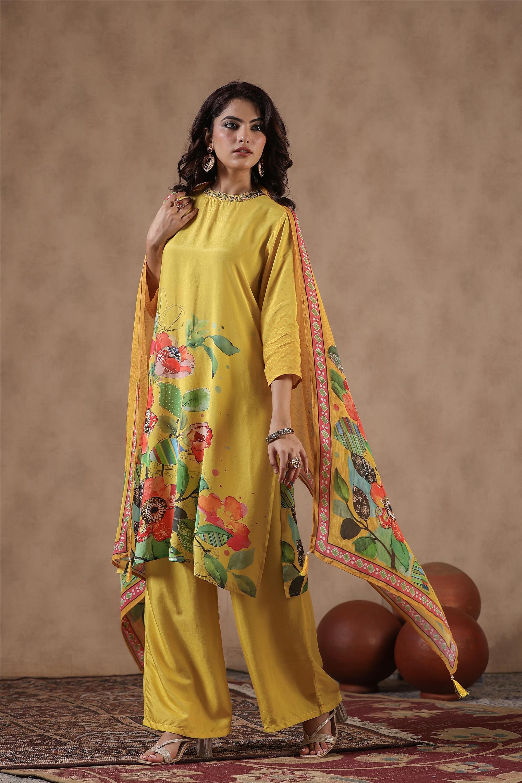 Yellow Muslin Silk Floral Print Suit Set