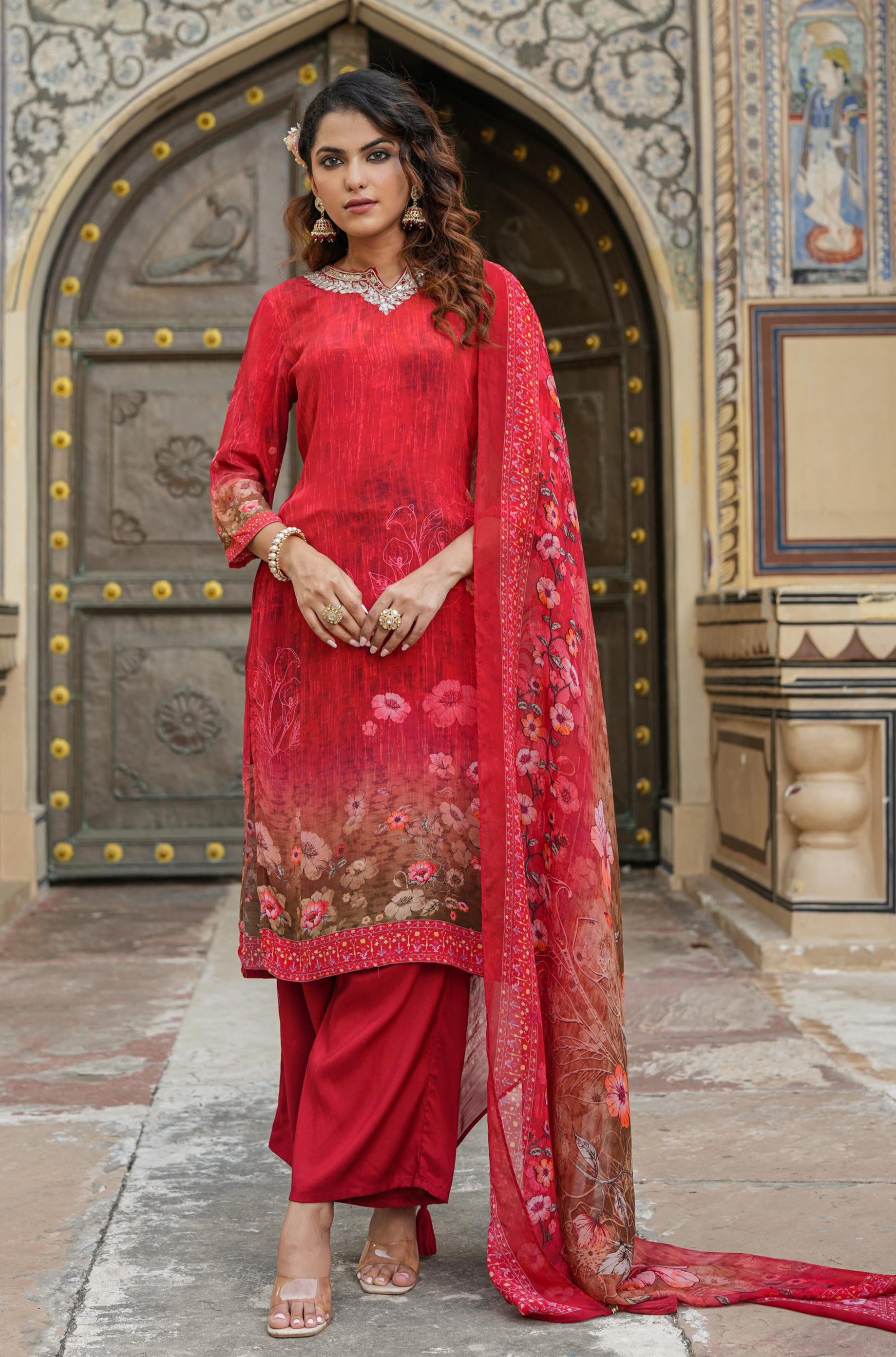 Red Crepe Silk Floral Print Gota Patti Suit Set