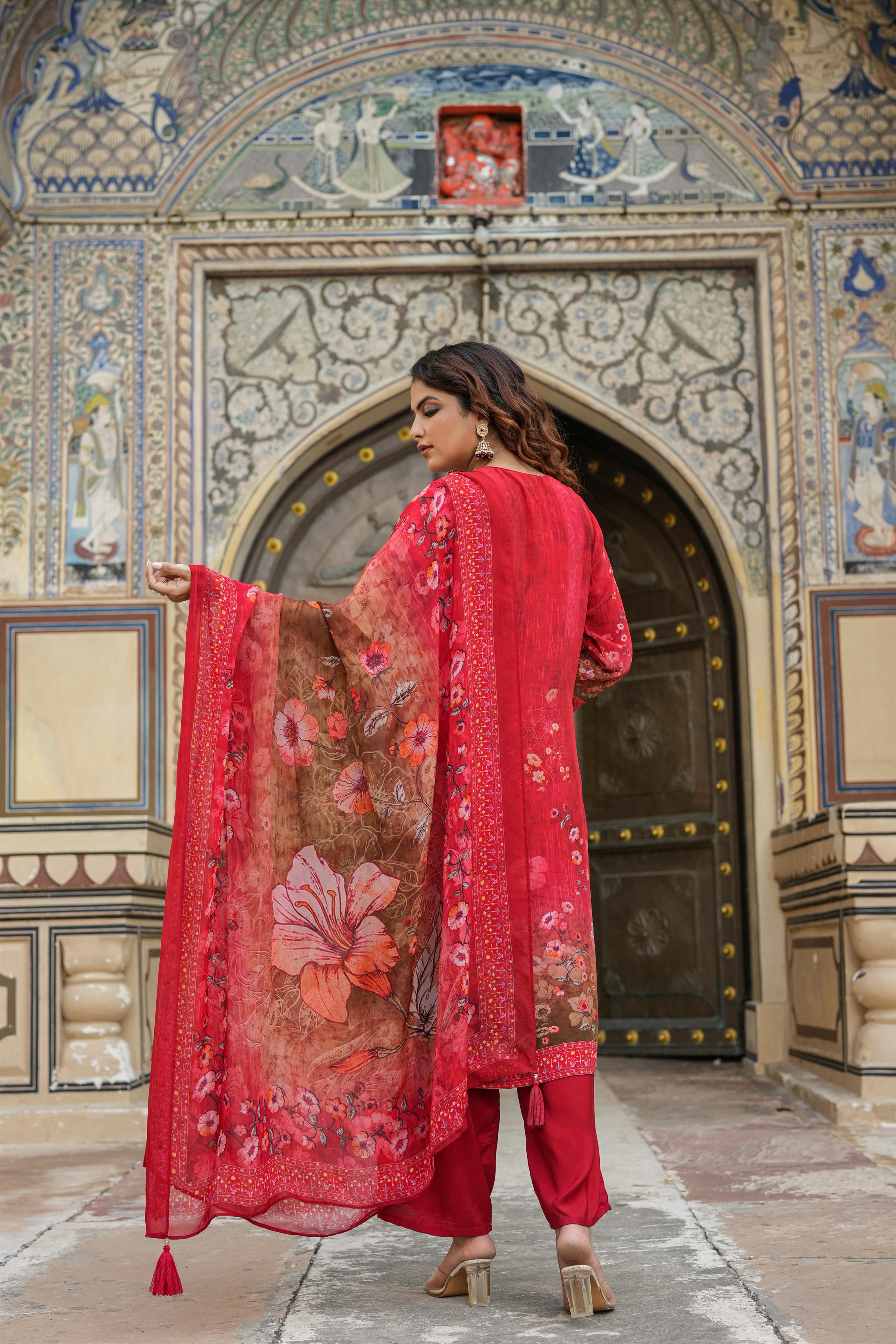 Red Crepe Silk Printed-Embellished Suit Set