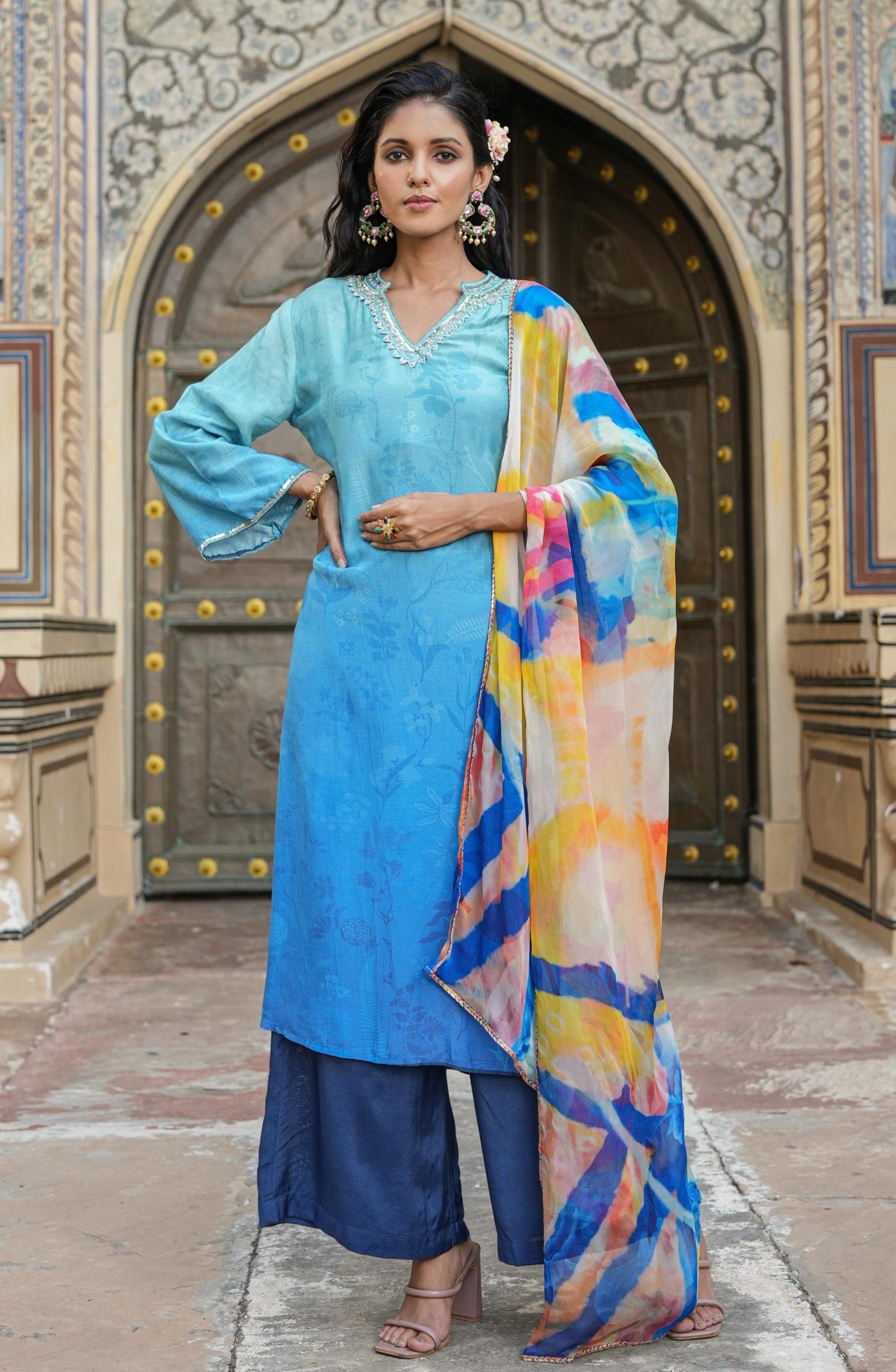 Blue Crepe Silk Floral Print Yoke Design Suit Set