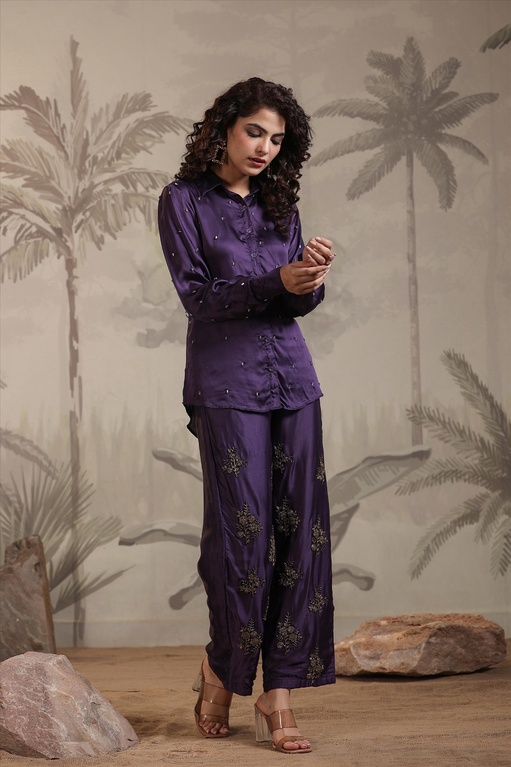 Violet Satin Embellished Co-Ord Set