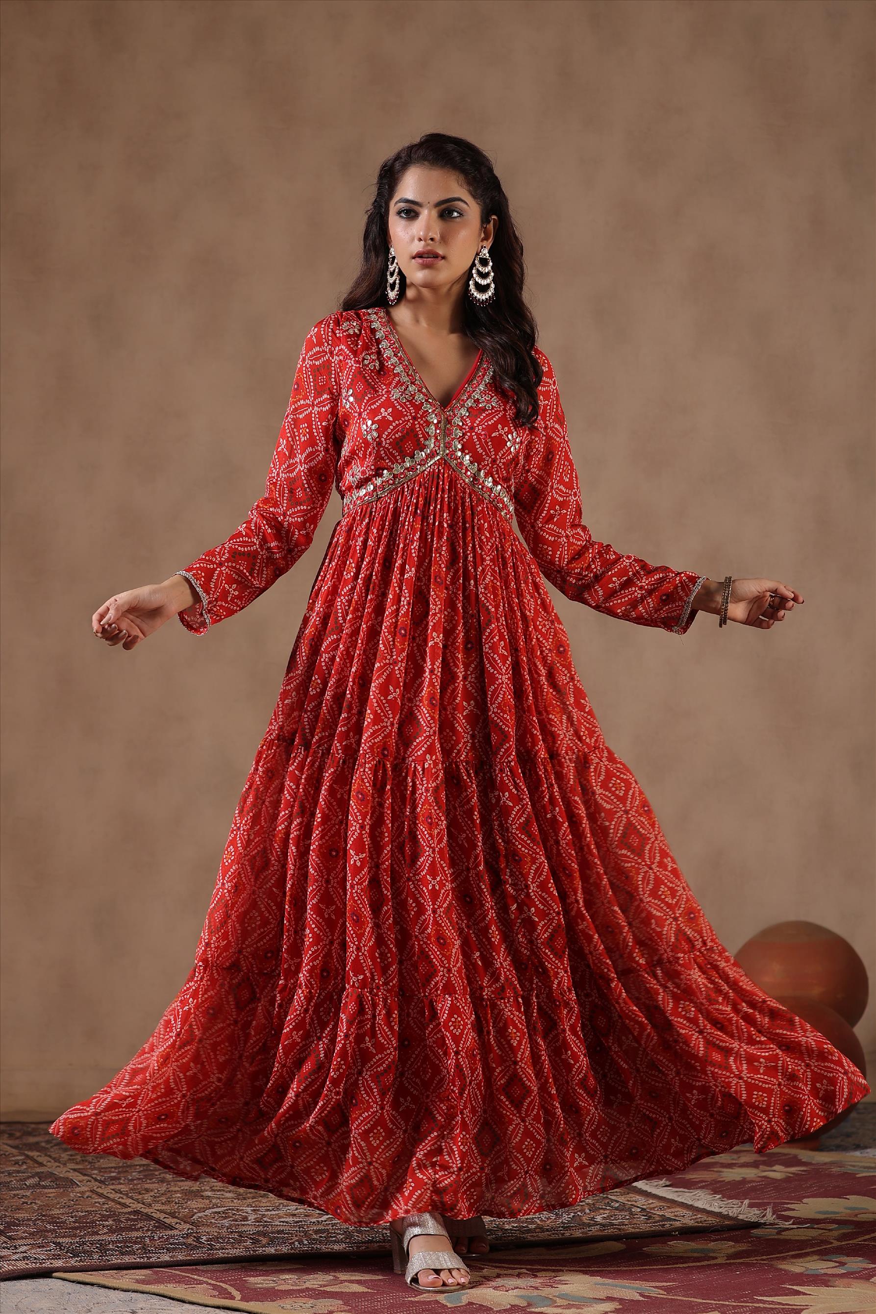 Red Chinon Silk Bandhani Print & Gota Work Gathered Gown
