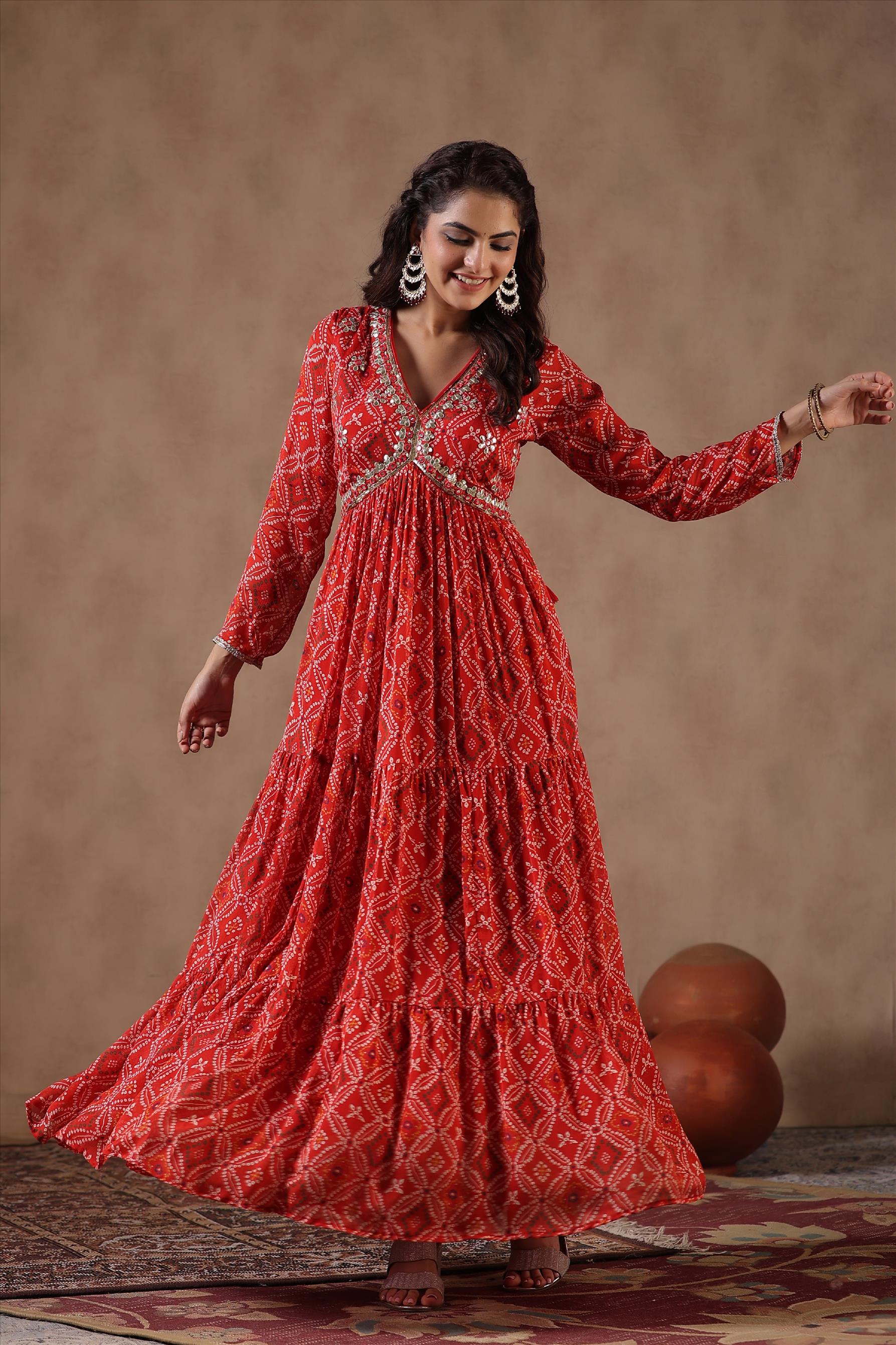 Red Chinon Silk Bandhani Print & Gota Work Gathered Gown