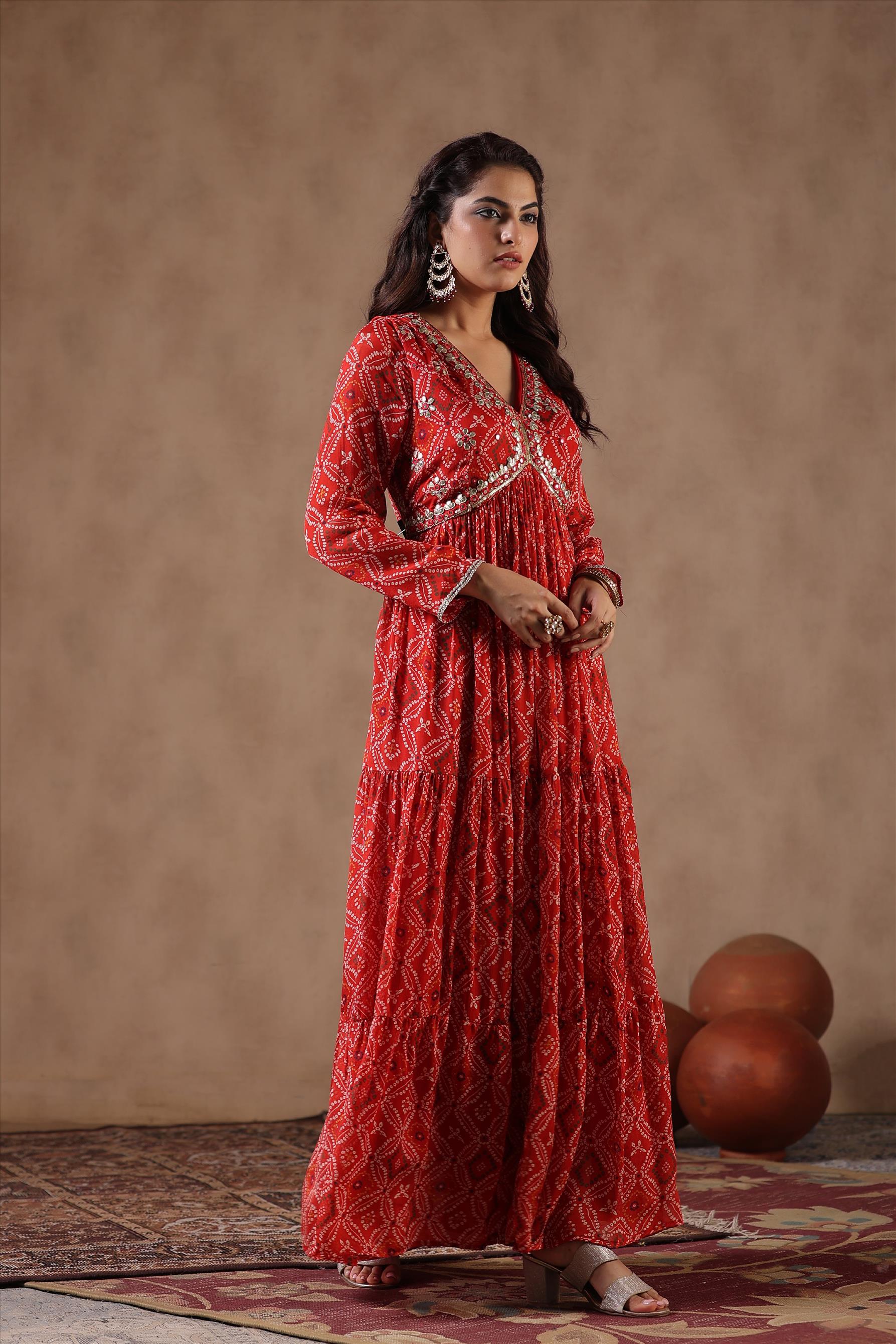 Red Chinon Silk Bandhani Gota Work Tiered Dress