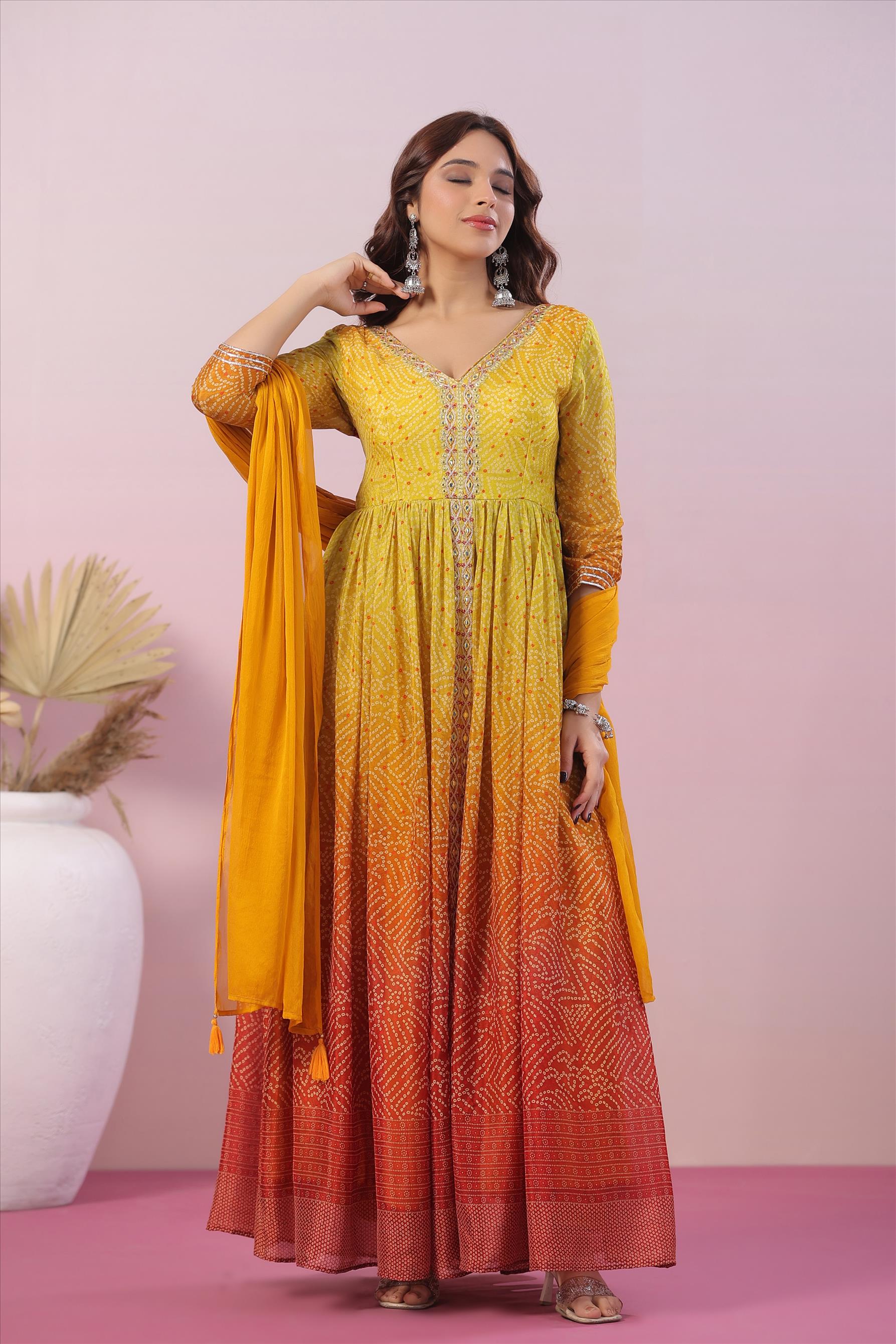Buy Green Bandhani Printed Silk Gown Online At Zeel Clothing