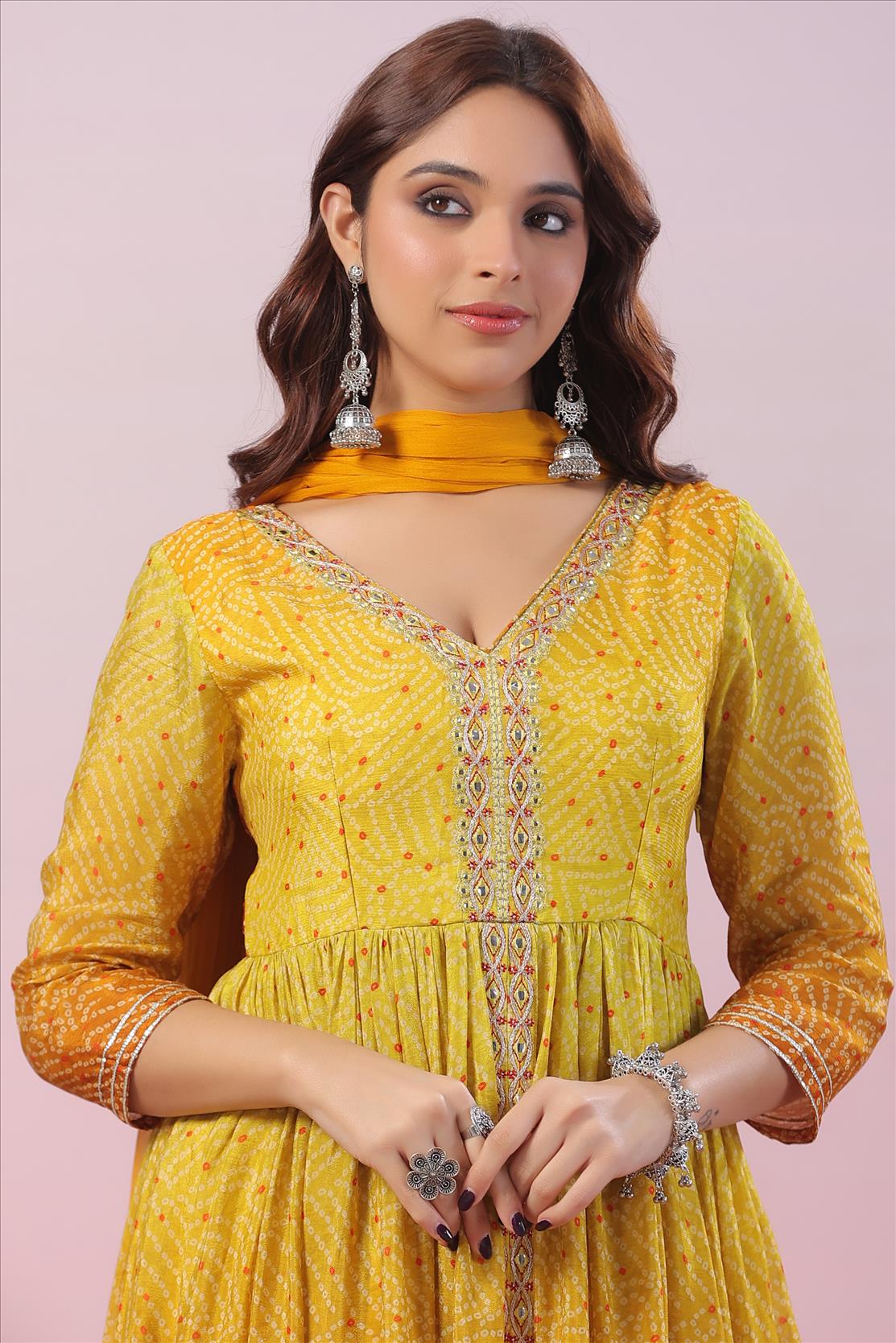 Yellow Chinon Silk Bandhani Print Gathered Gown With Belt