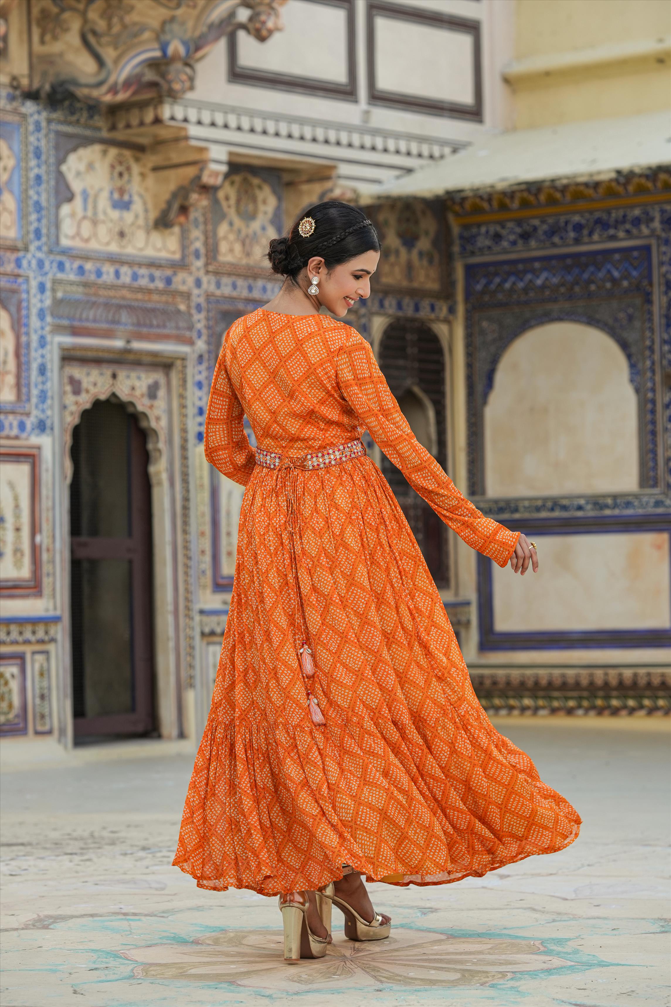 Orange Chinon Silk Bandhani Print Gathered Gown With Belt