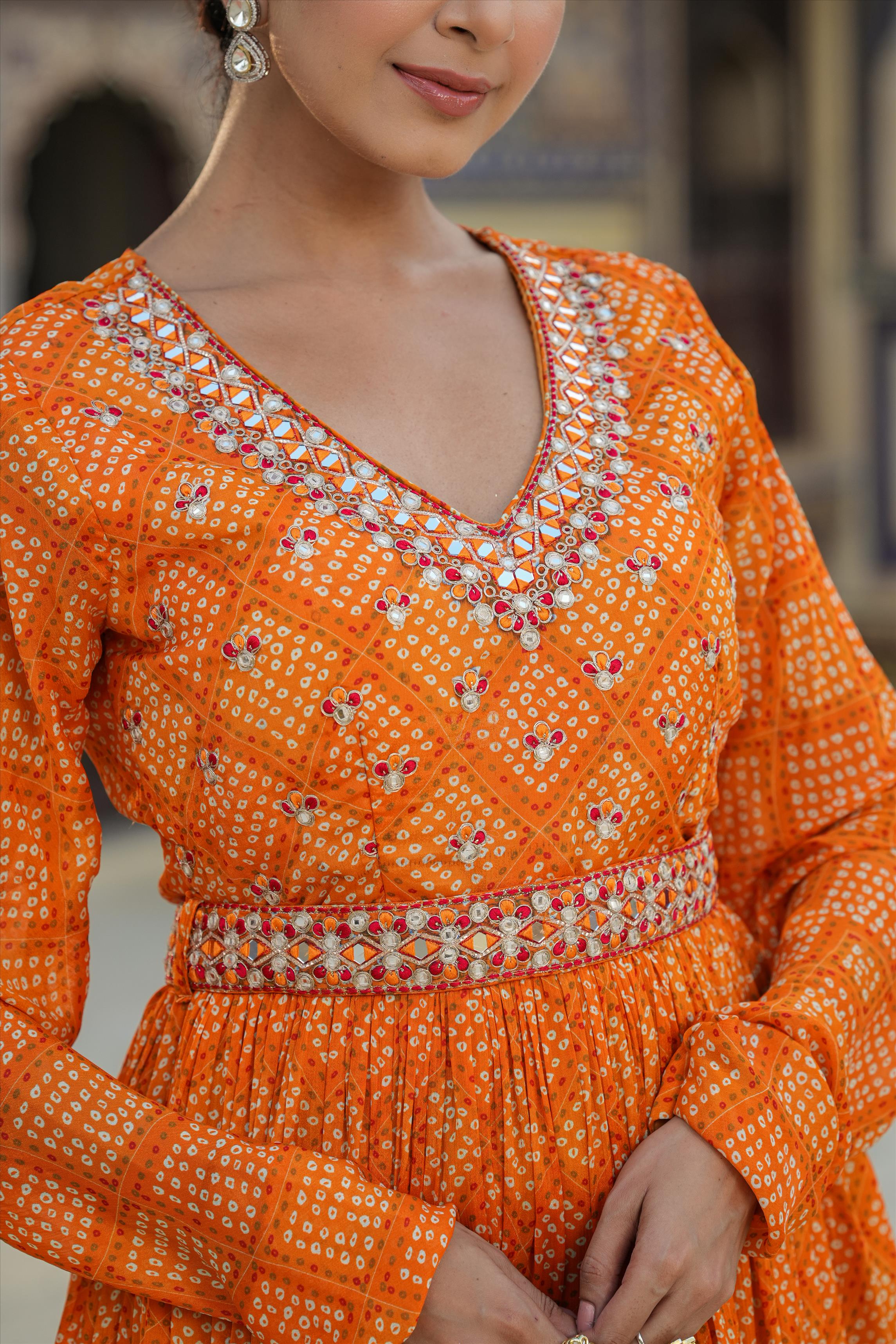 Orange Chinon Silk Bandhani Print Gathered Gown With Belt