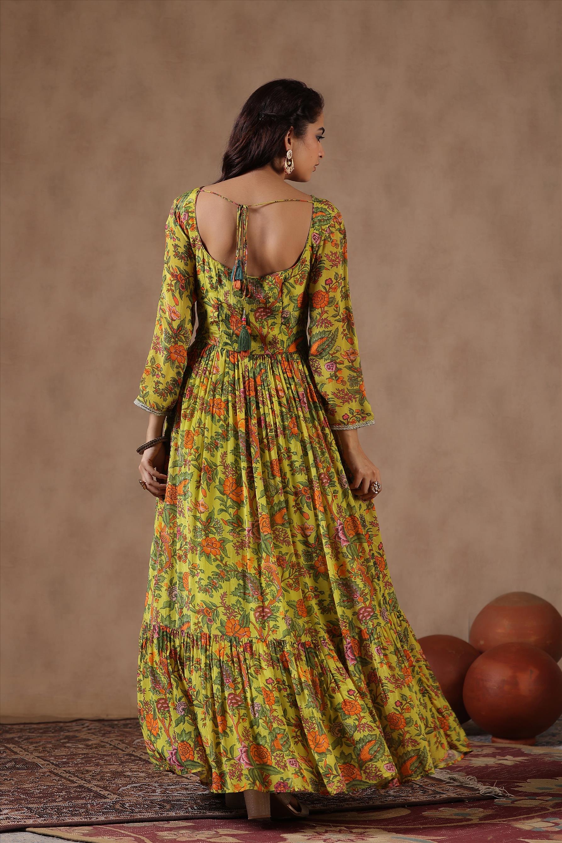 Lemon Chinon Silk Floral Print Gathered Gown