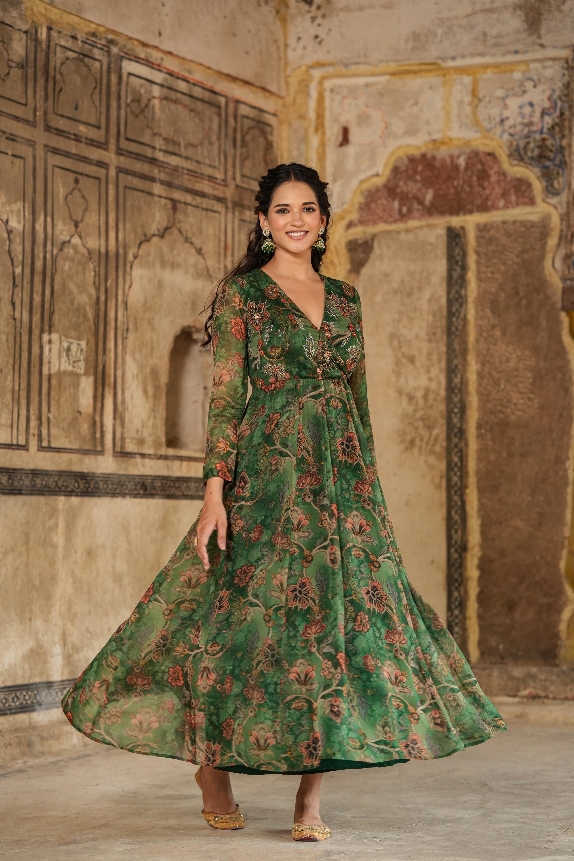 Green Organza Floral Print Embellished Anarkali Gown