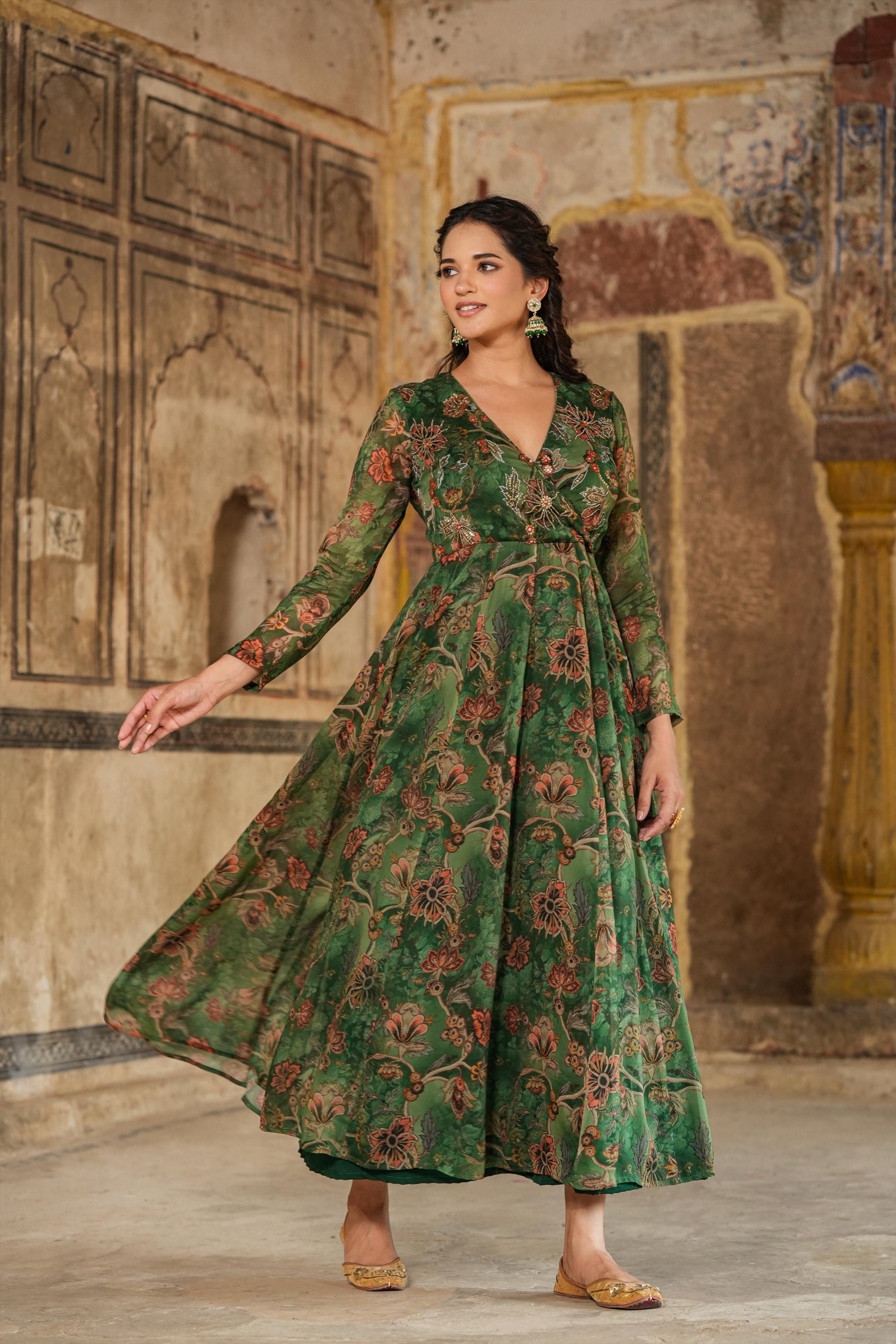 Green Organza Floral Print Embellished Anarkali Gown