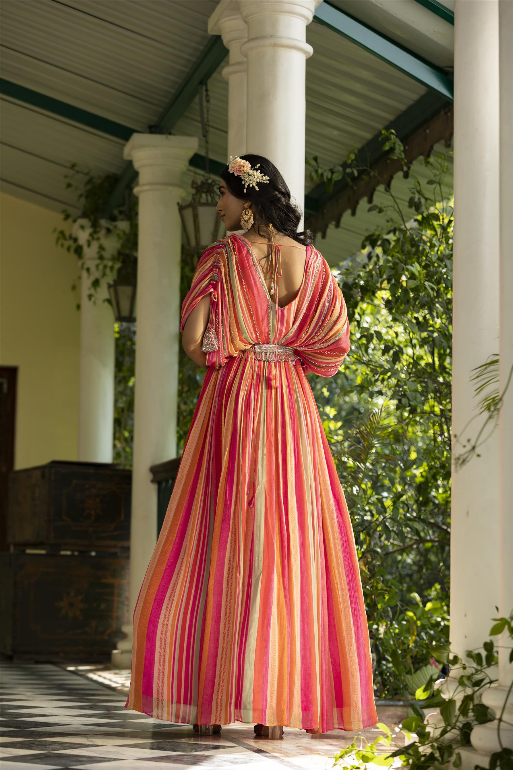 Multi Chinon Silk Candy Stripes Party Gown And Belt With Attached Cape