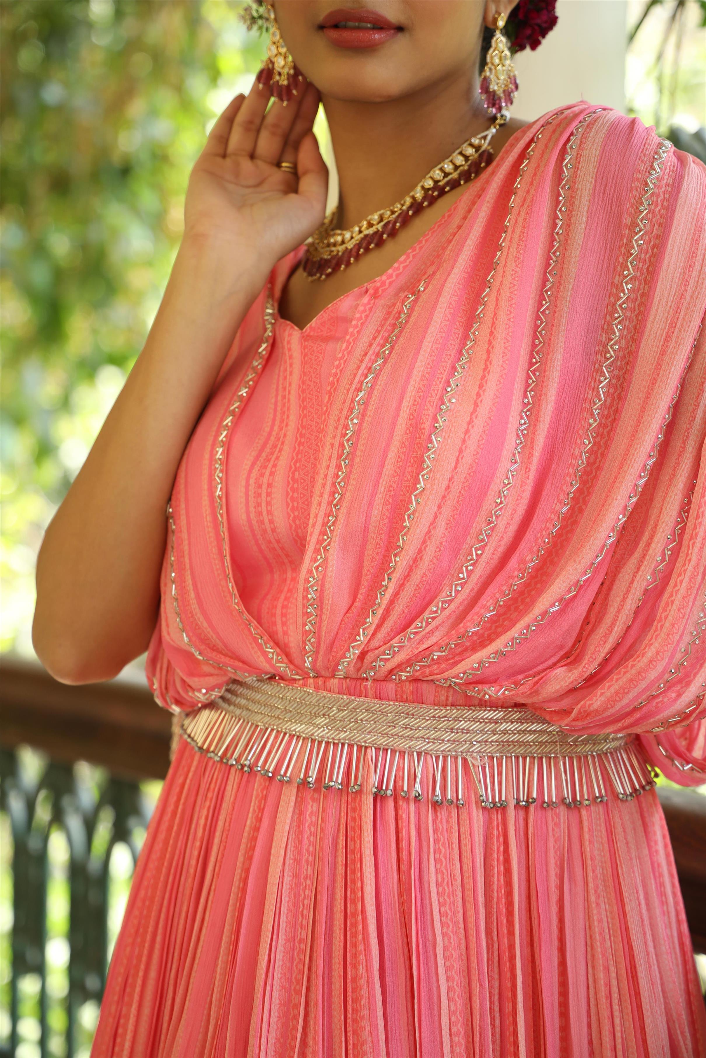 Pink Chinon Silk Candy Stripes Party Gown And  Belt With Attached Cape