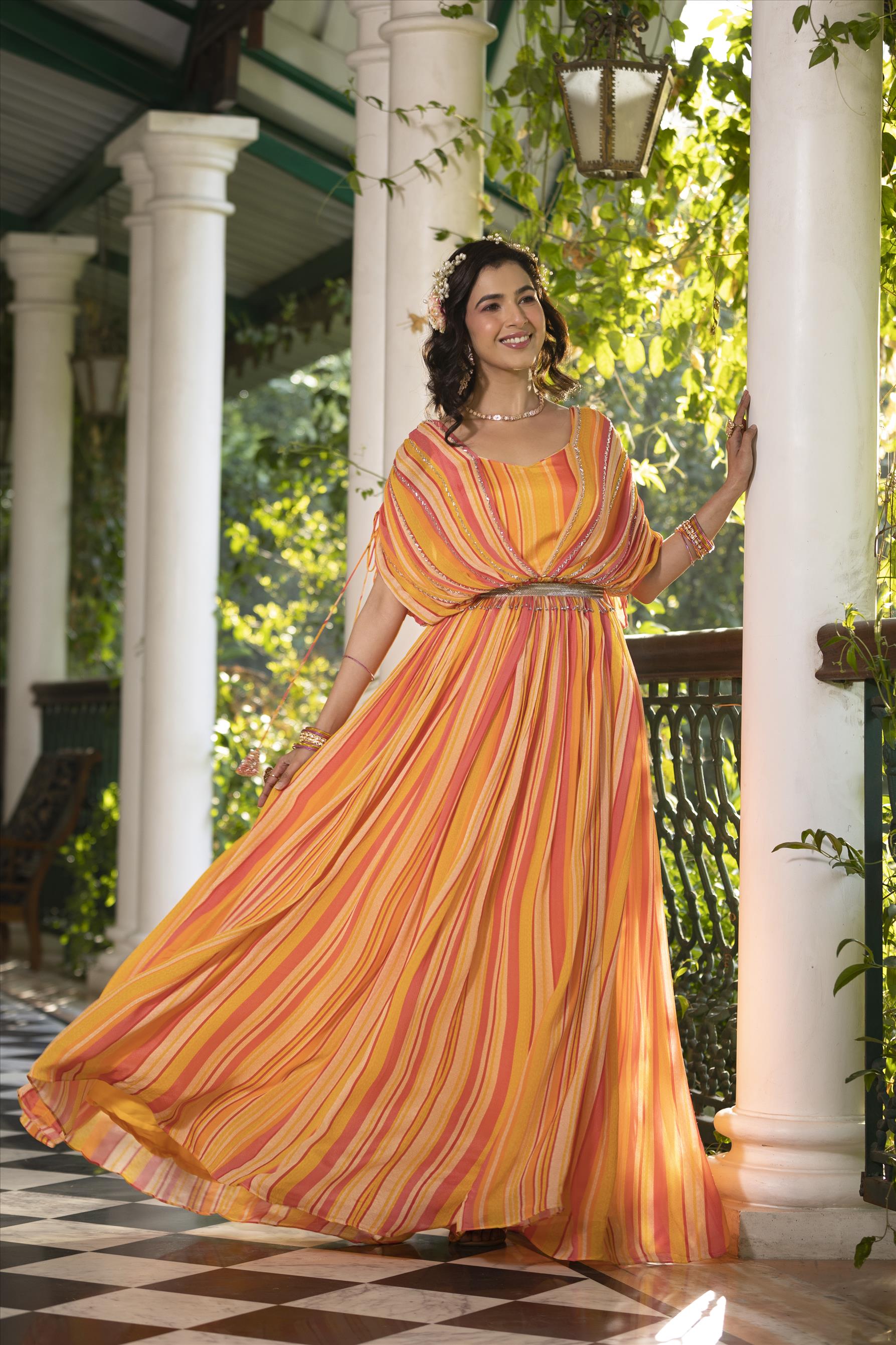 Yellow Chinon Silk Candy Stripes Party Gown With Belt And Attached Cape