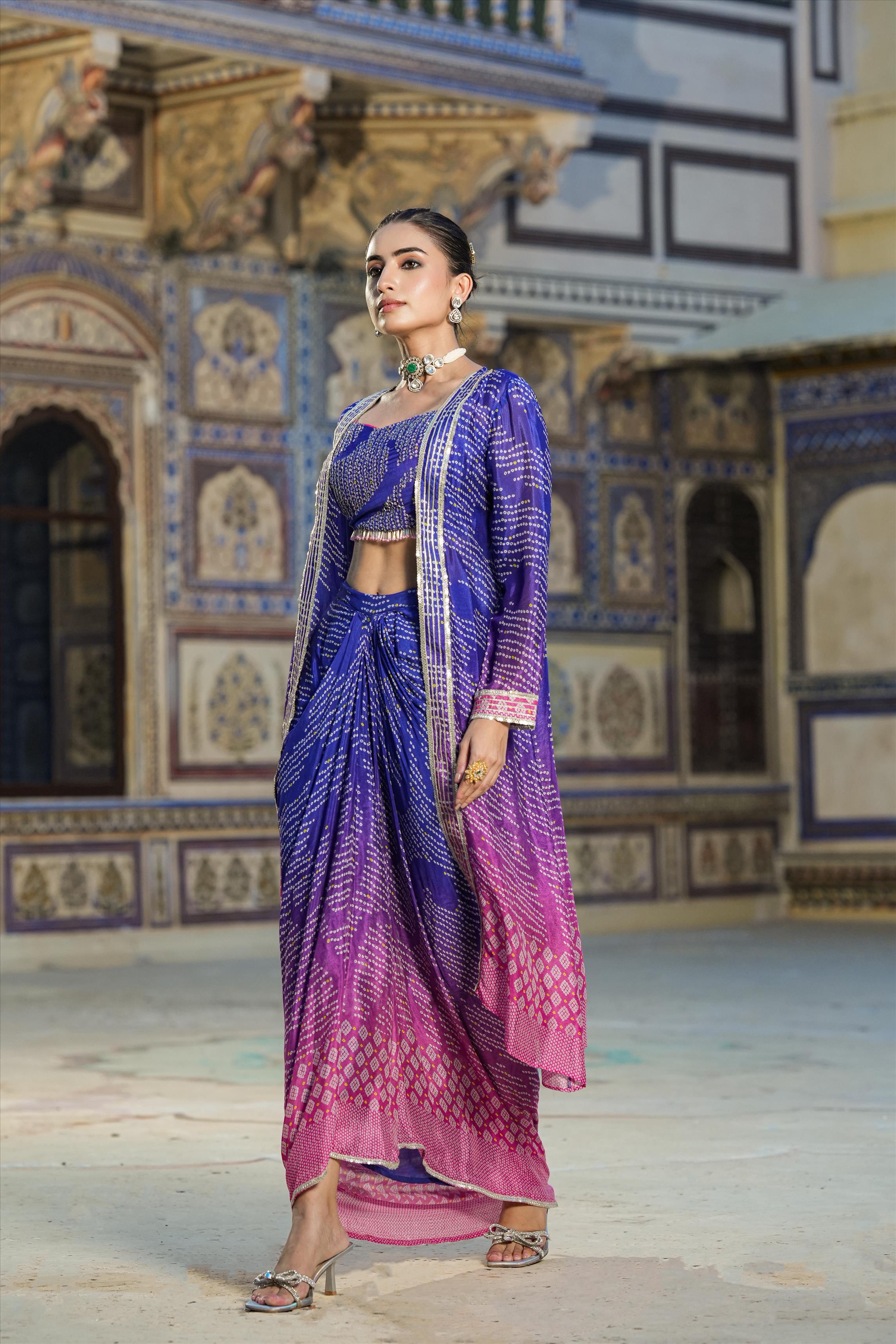 Blue Chinon Silk Bandhani Drape Skirt Set With Cape – SCAKHI