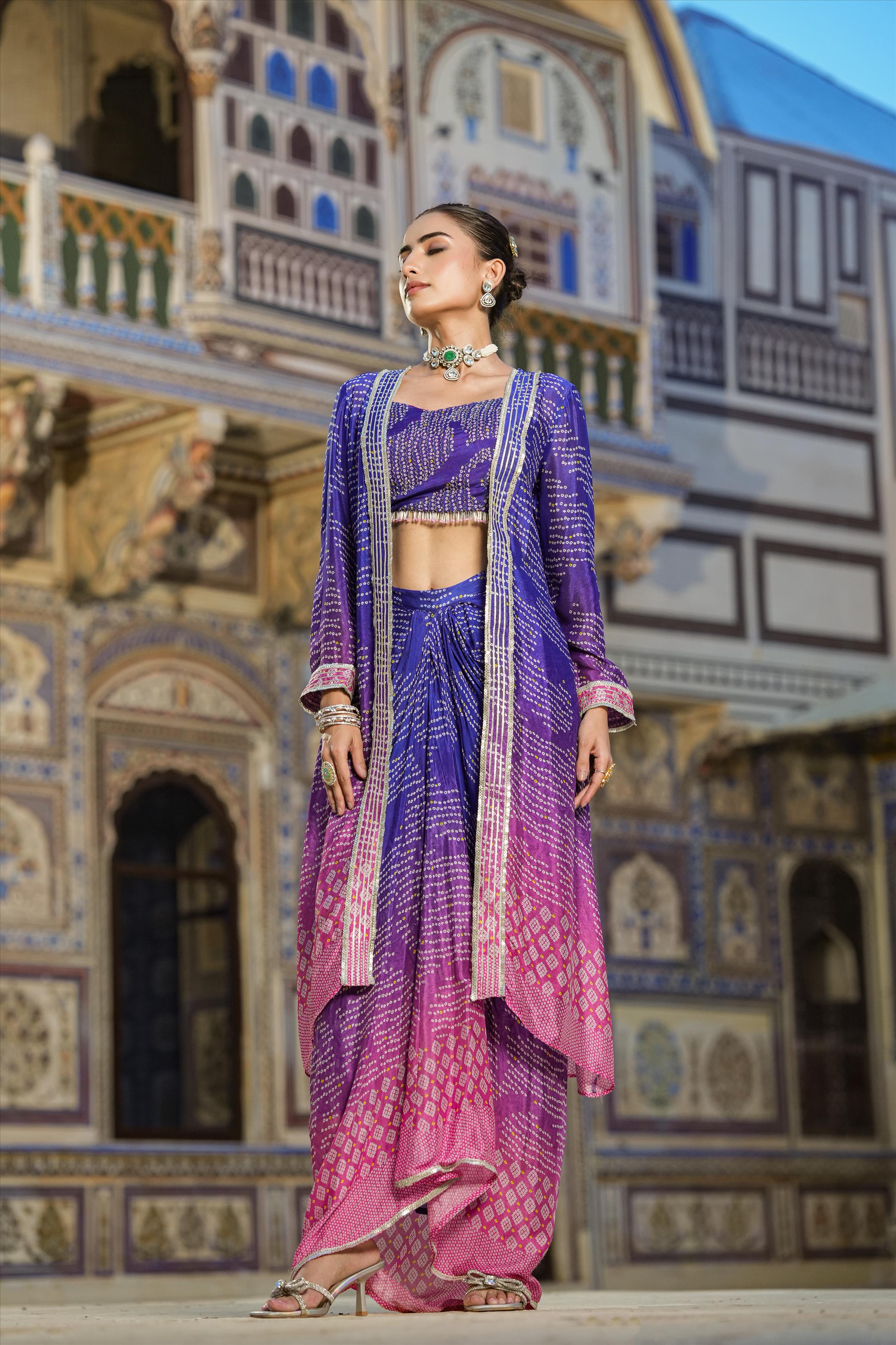 Blue Chinon Silk Bandhani Print Choli With Drape Skirt And Cape