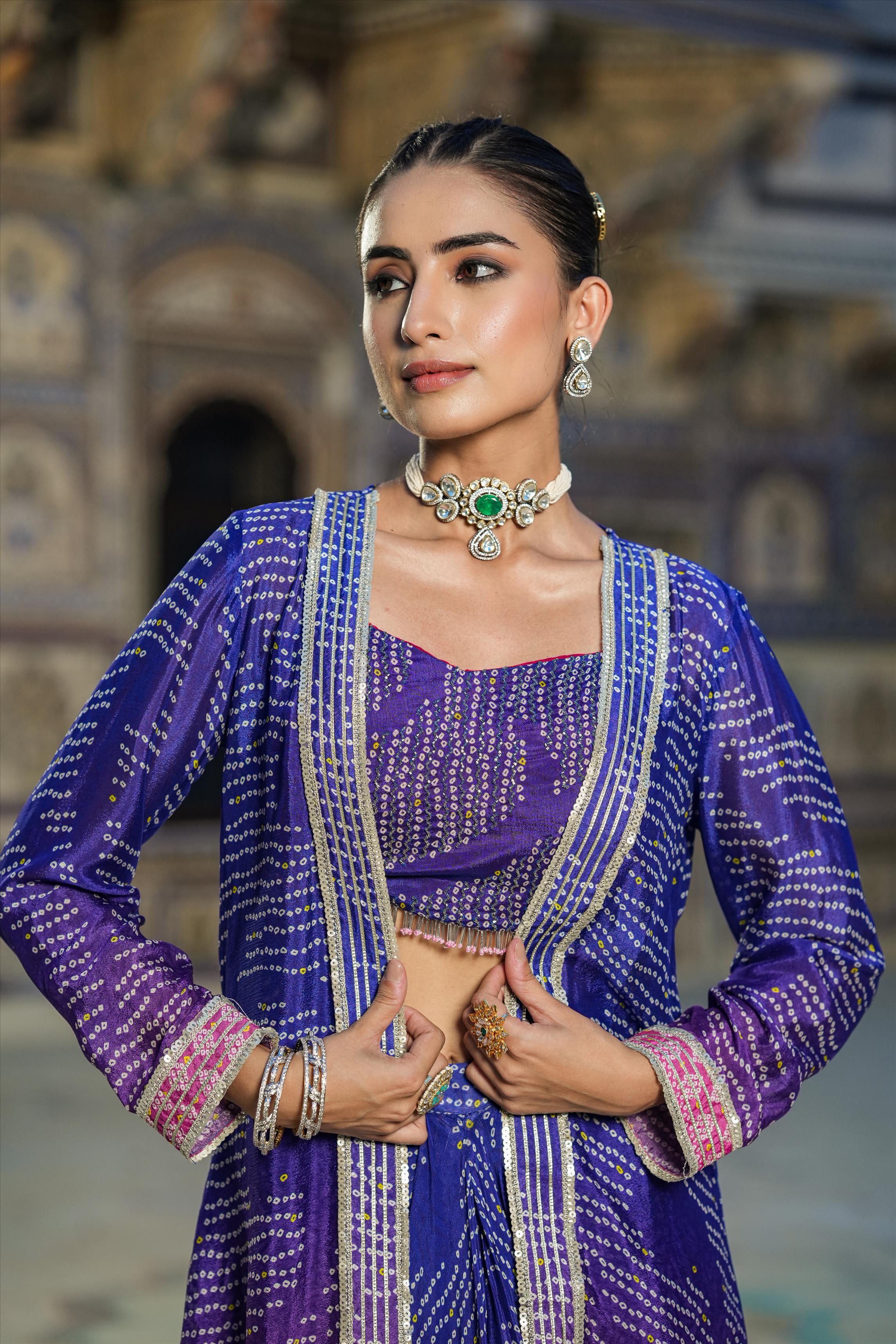 Blue Chinon Silk Bandhani Drape Skirt Set With Cape – SCAKHI