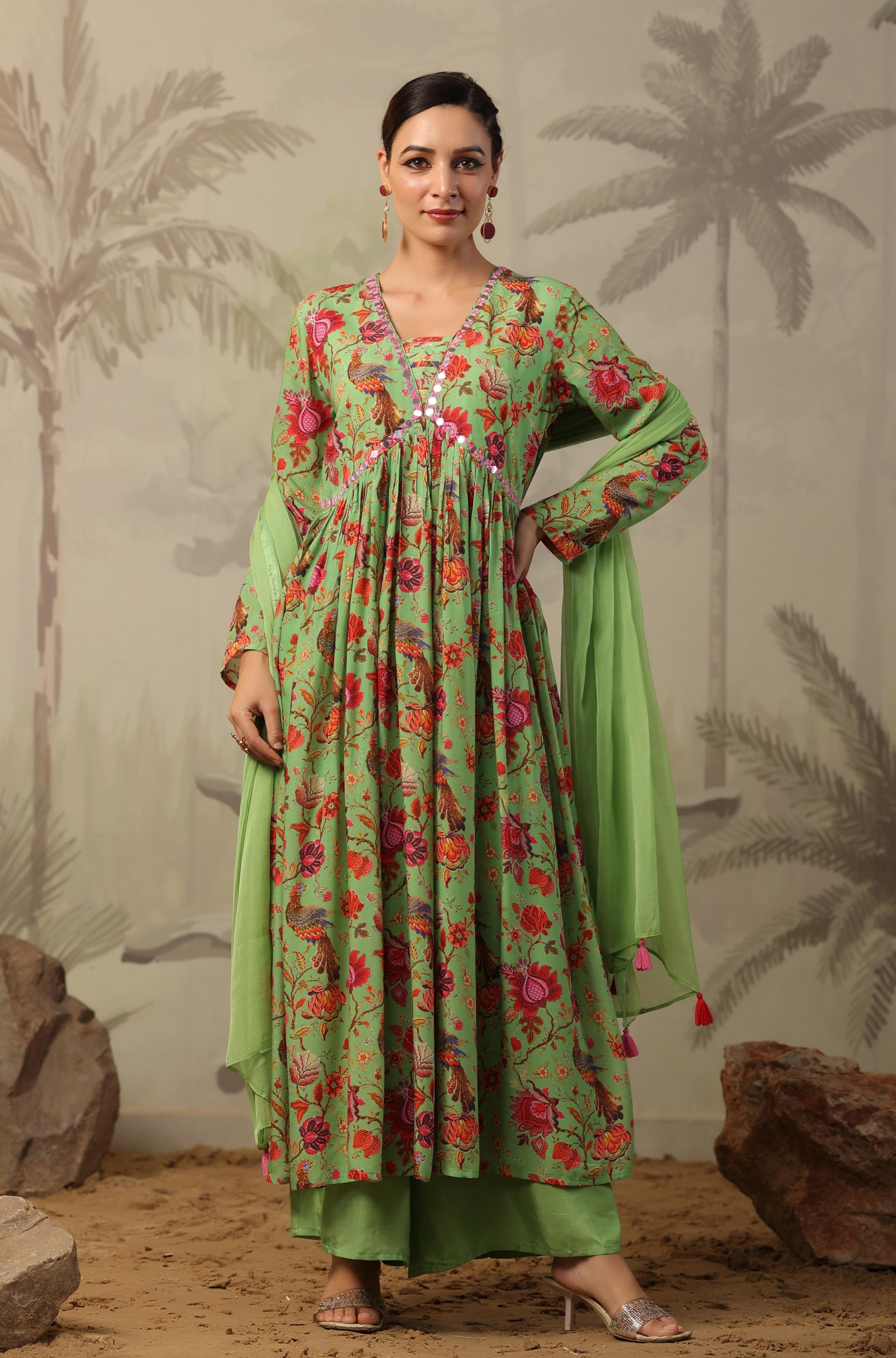 Green Muslin Silk Floral Print Embellished Suit Set