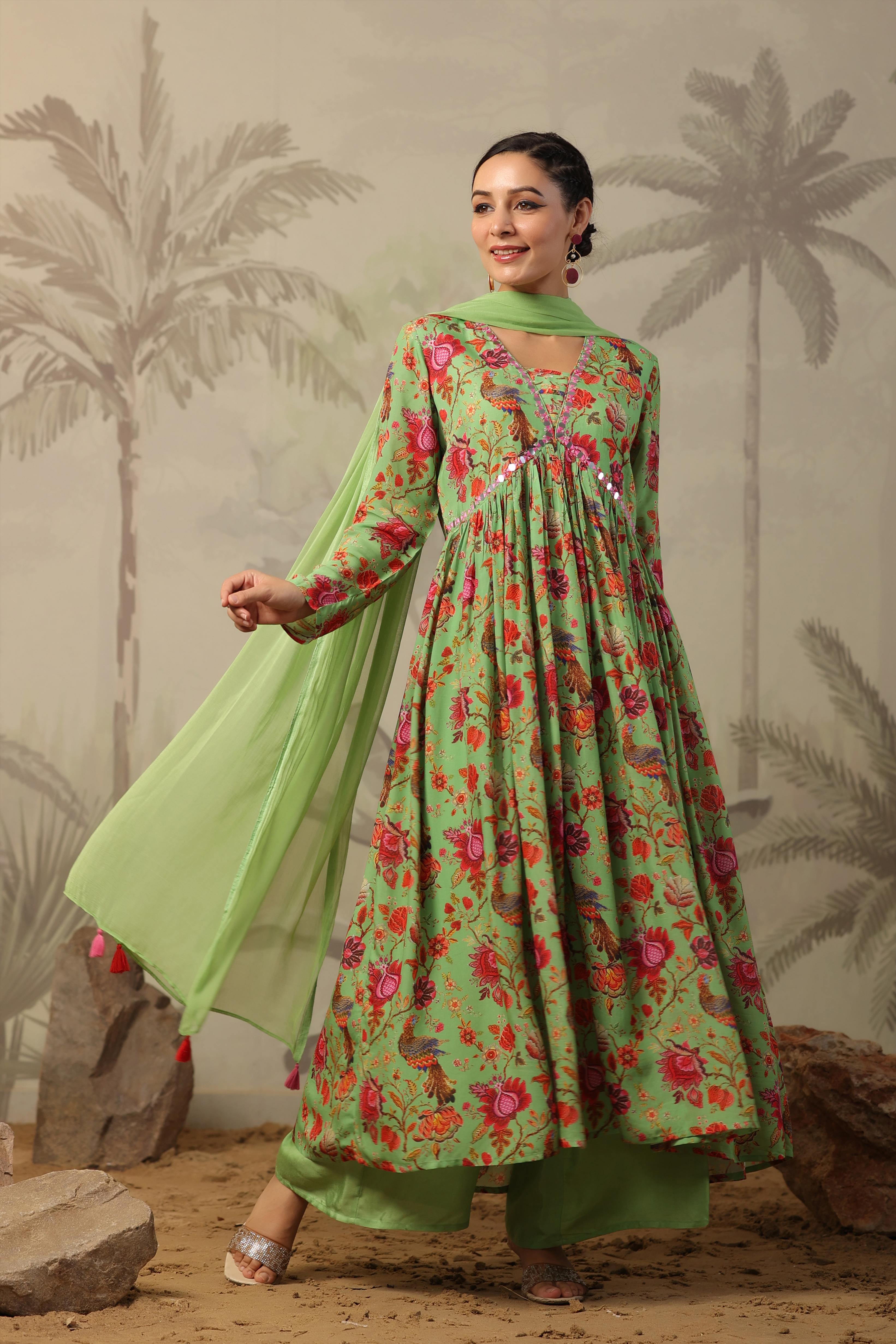 Green Muslin Silk Floral Print Embellished Suit Set