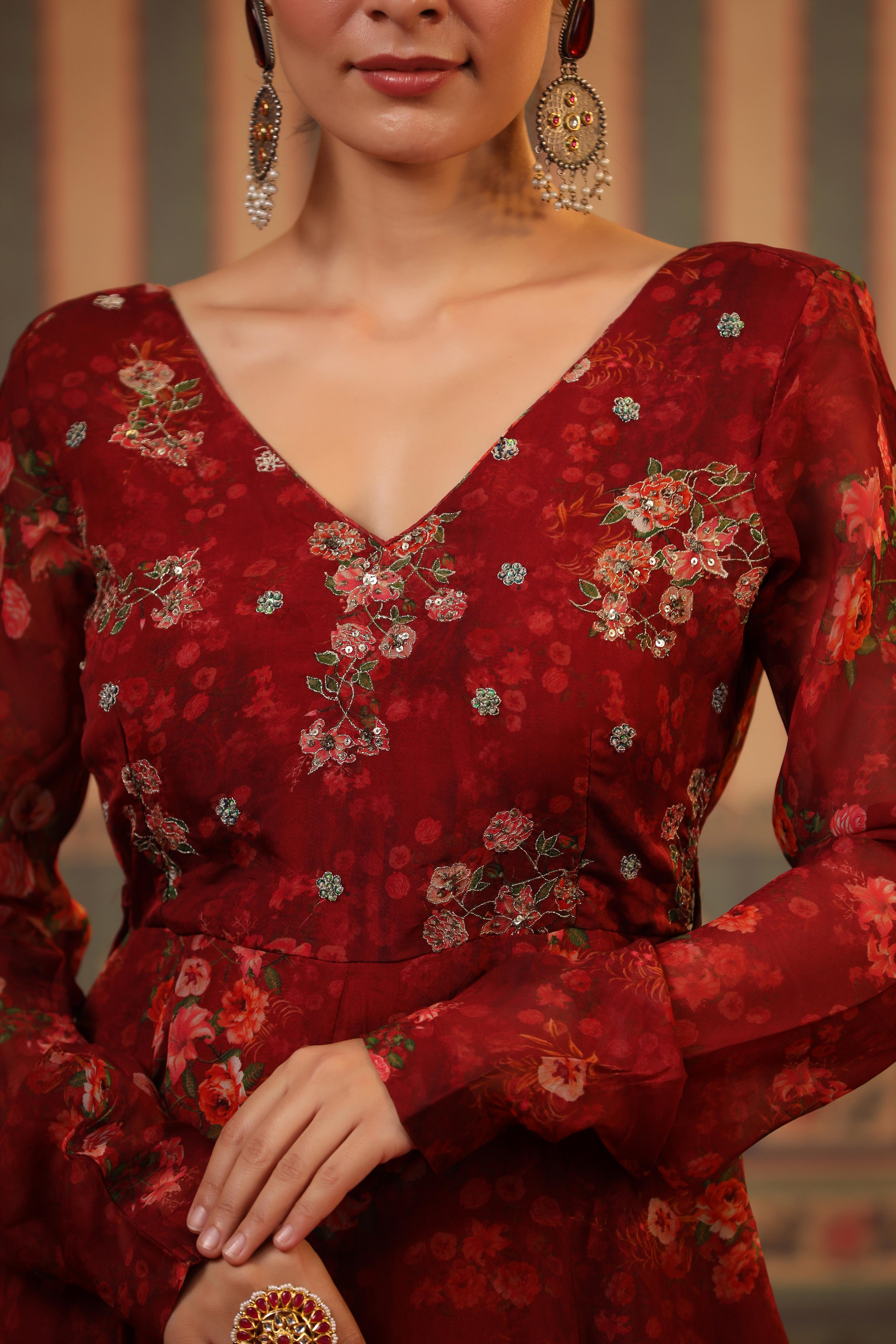 Red Organza Floral Print Embellished Anarkali Gown With Belt