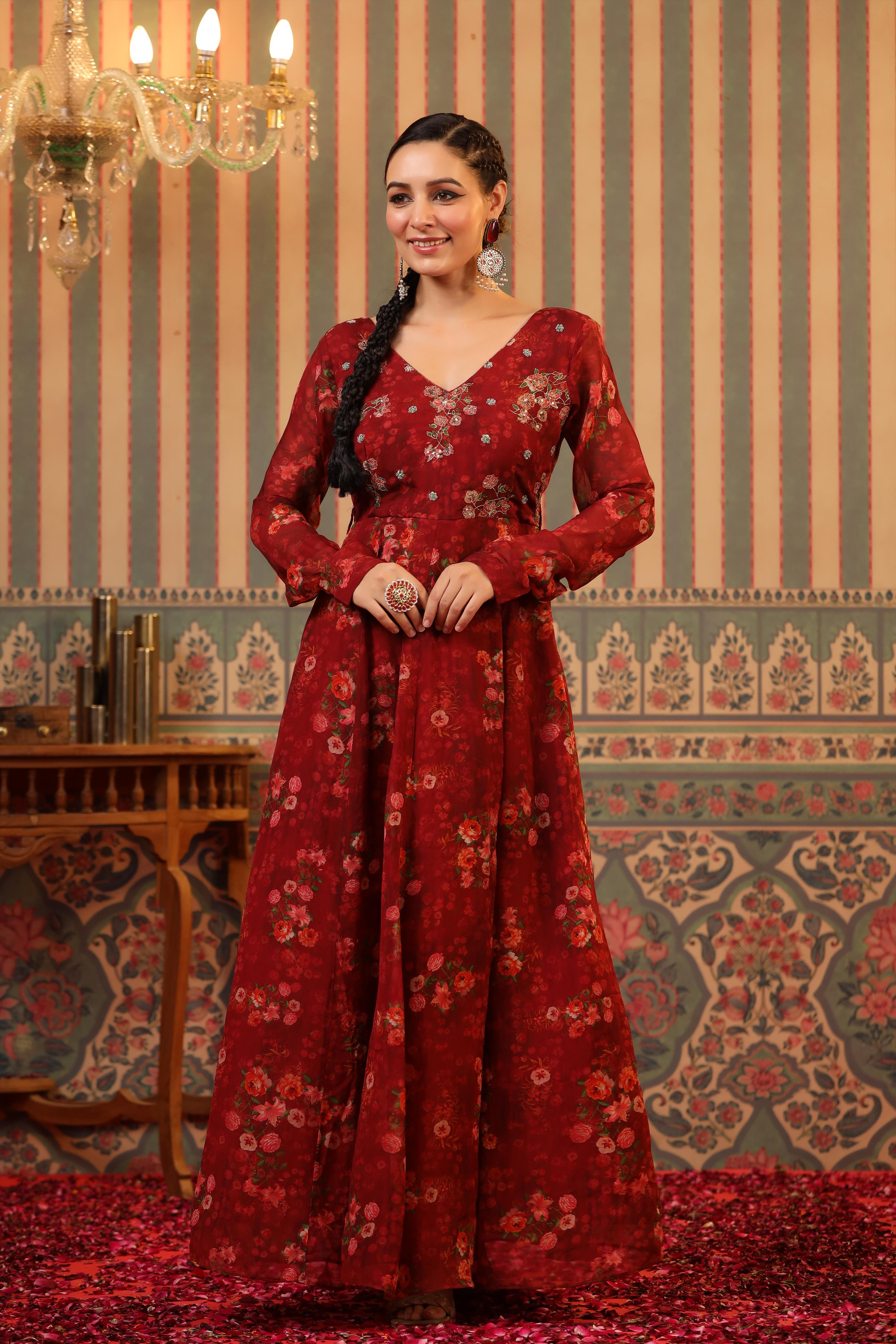 Red Organza Floral Print Embellished Anarkali Gown With Belt
