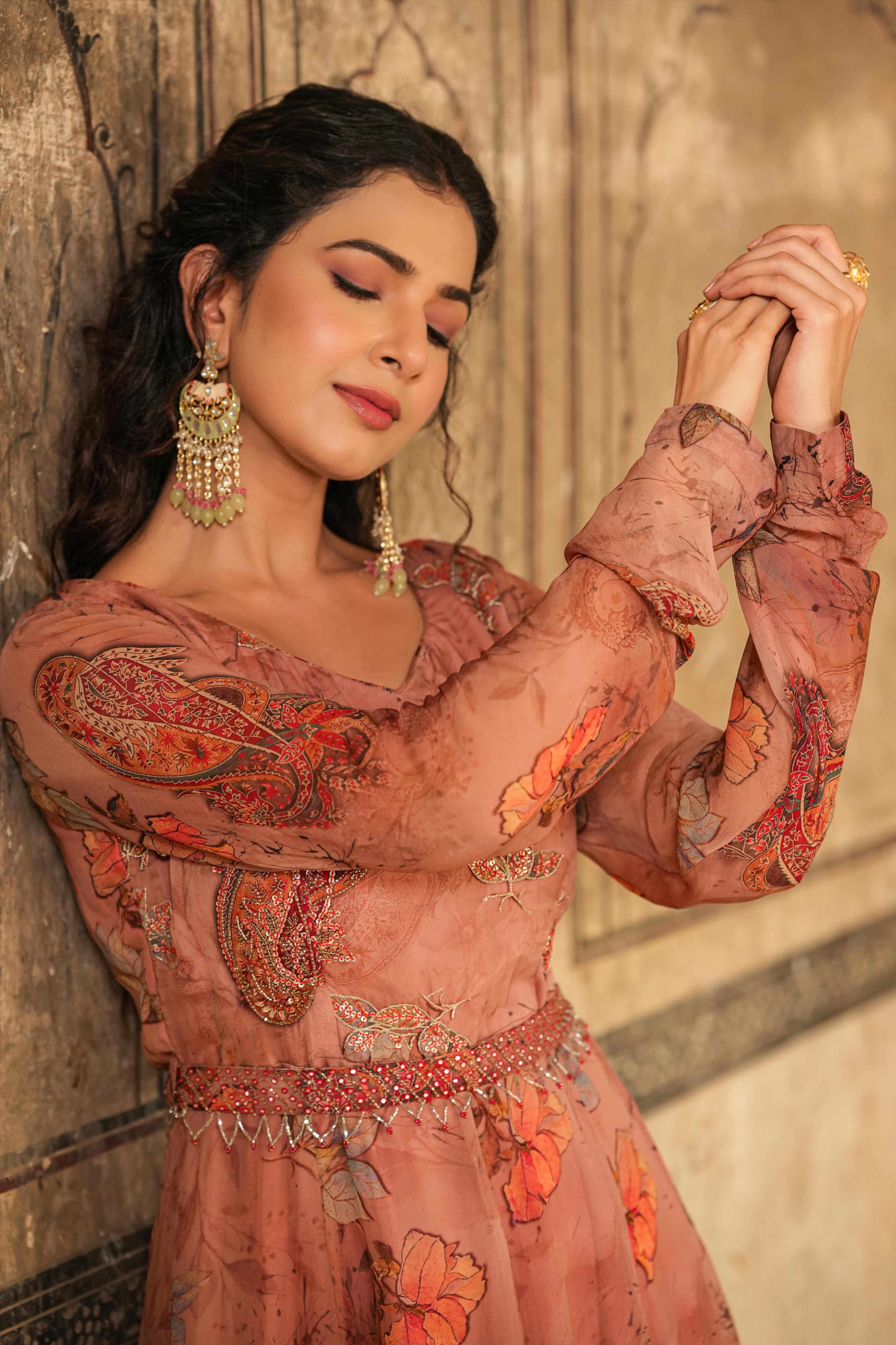 Brown Organza Floral Print Embellished Anarkali Gown With Belt