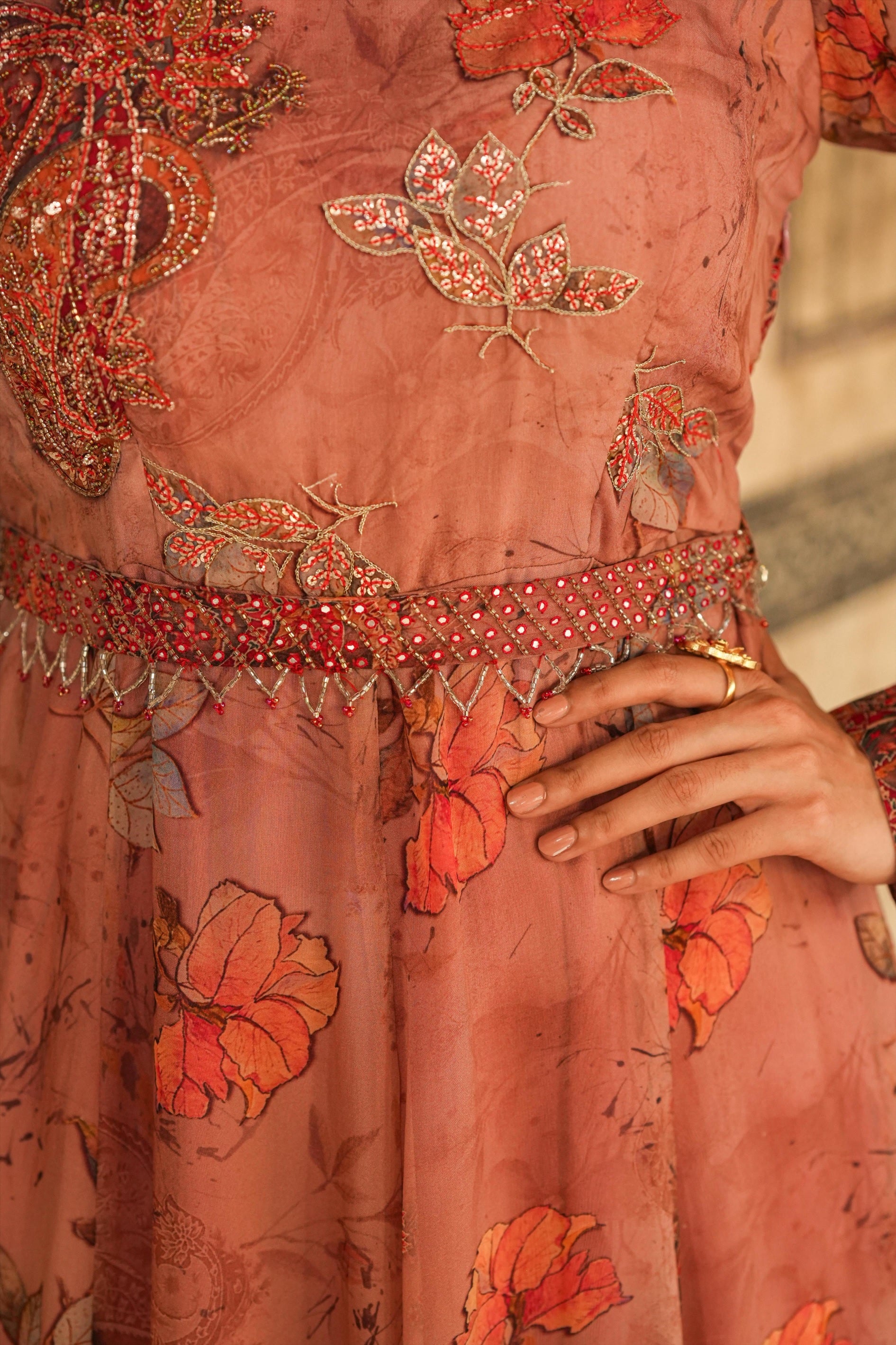 Brown Organza Floral Print Embellished Anarkali Gown With Belt