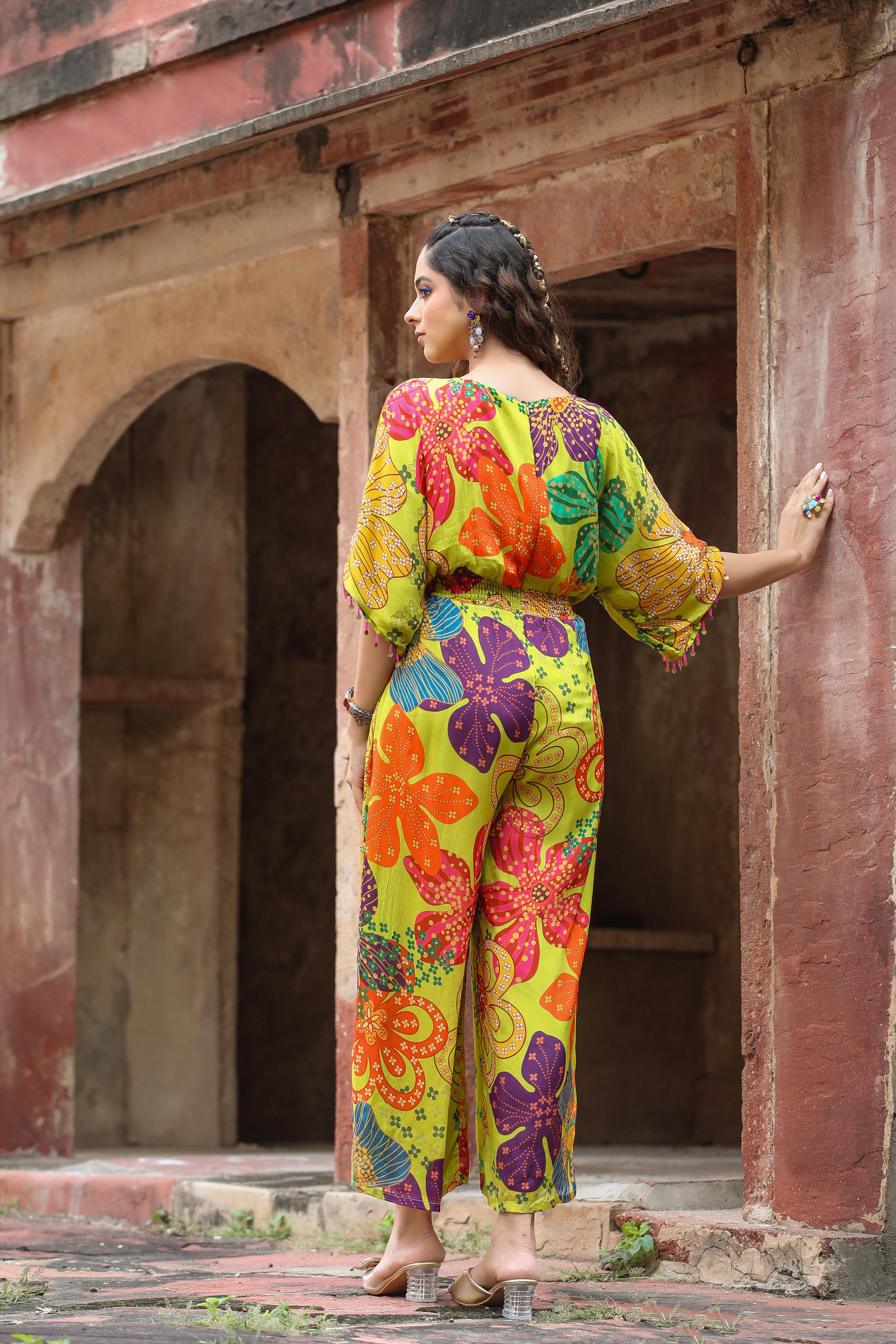Lime Green Chinon Silk Floral Print Jumpsuit