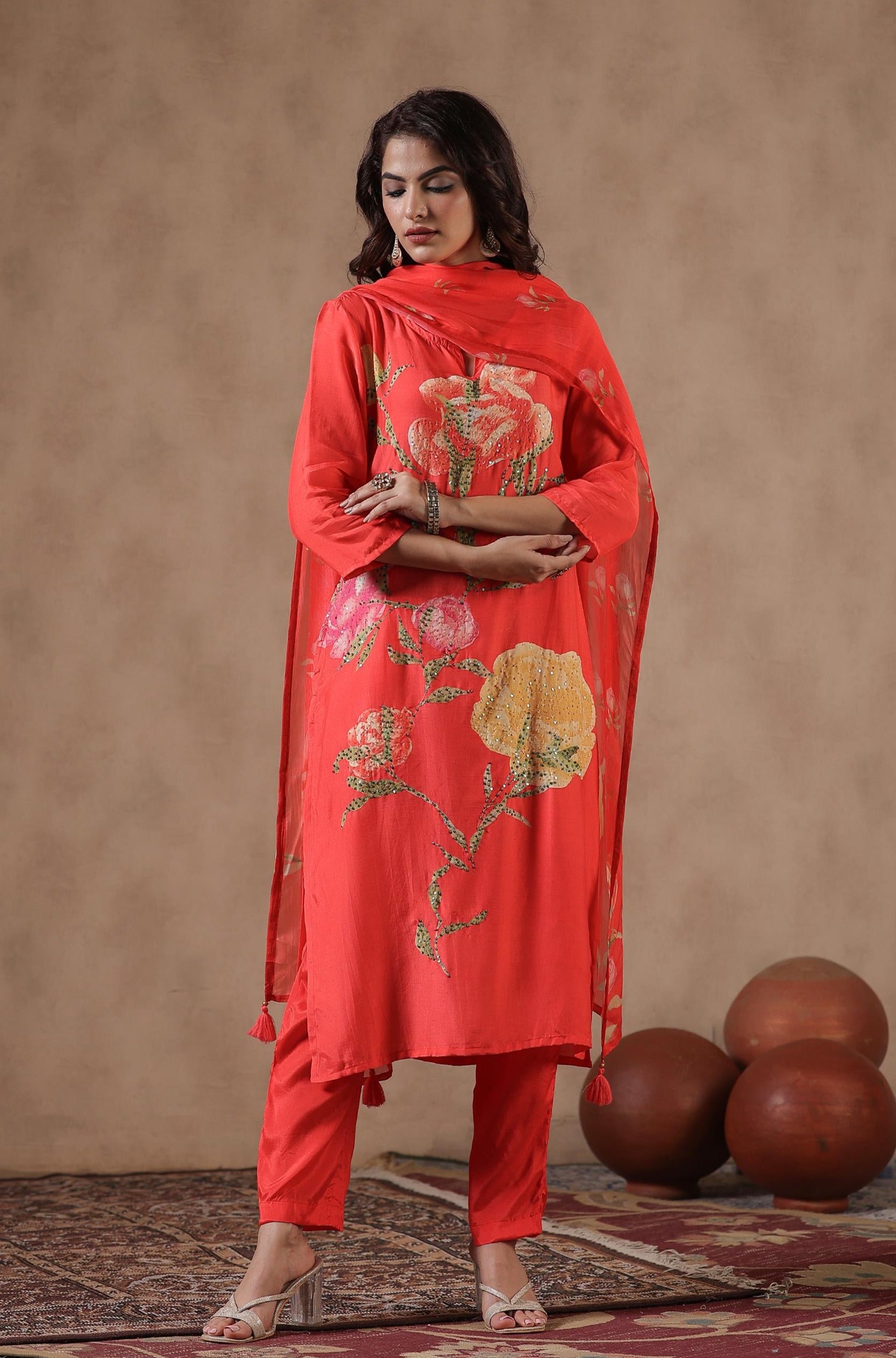 Orange Muslin Silk Floral Print Sequins Embellished Suit Set