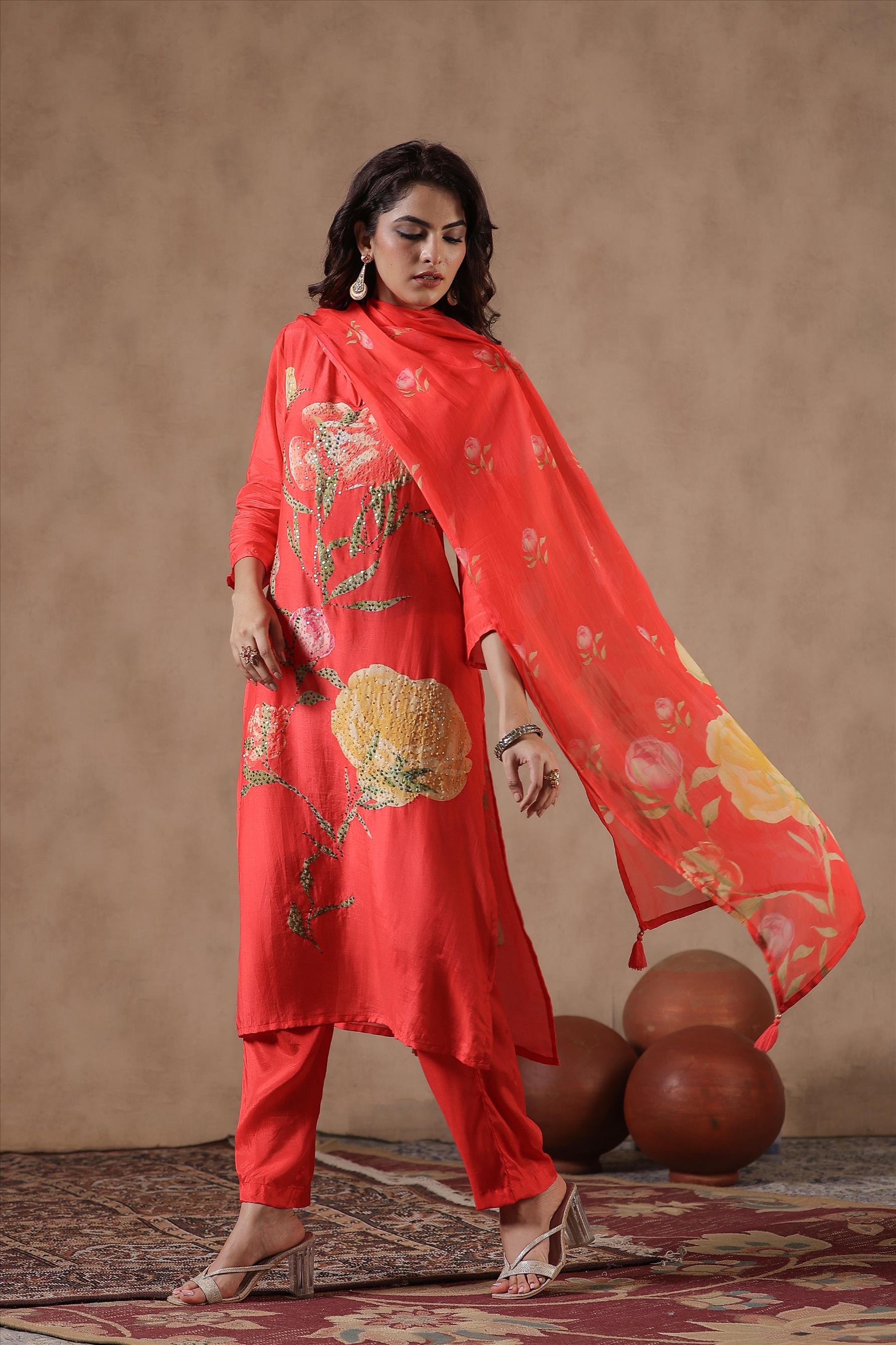 Orange Muslin Silk Floral Print Sequins Embellished Suit Set