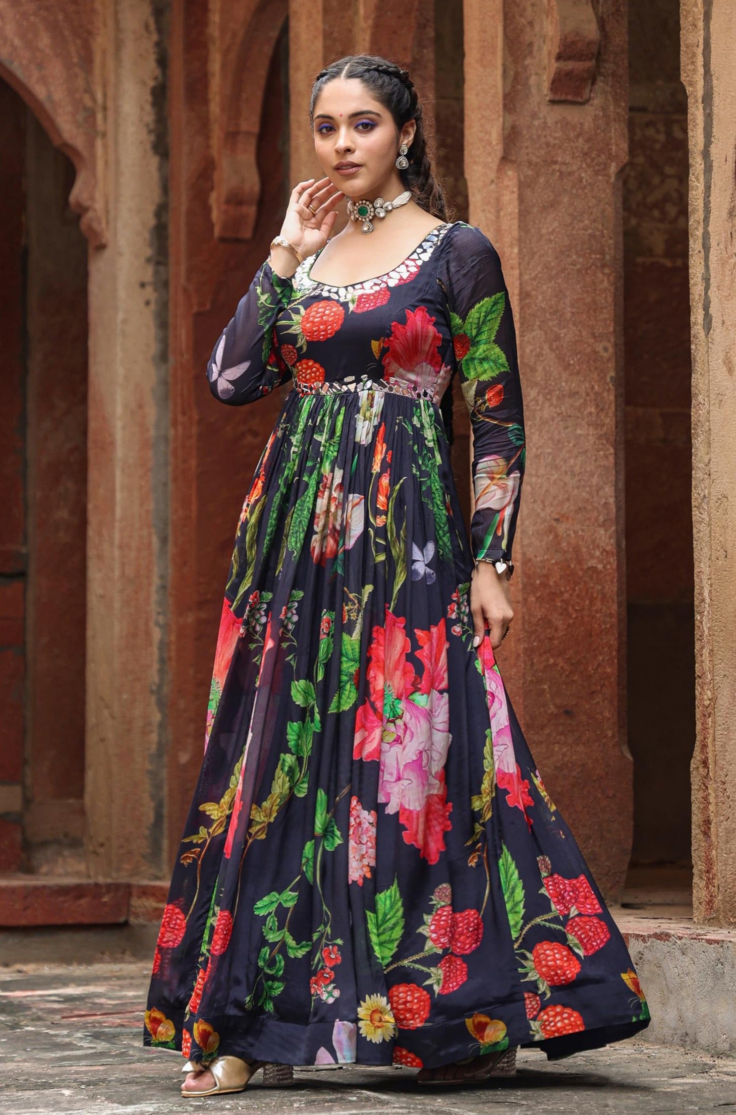 Black Chinon Silk Floral Print Gathered Gown