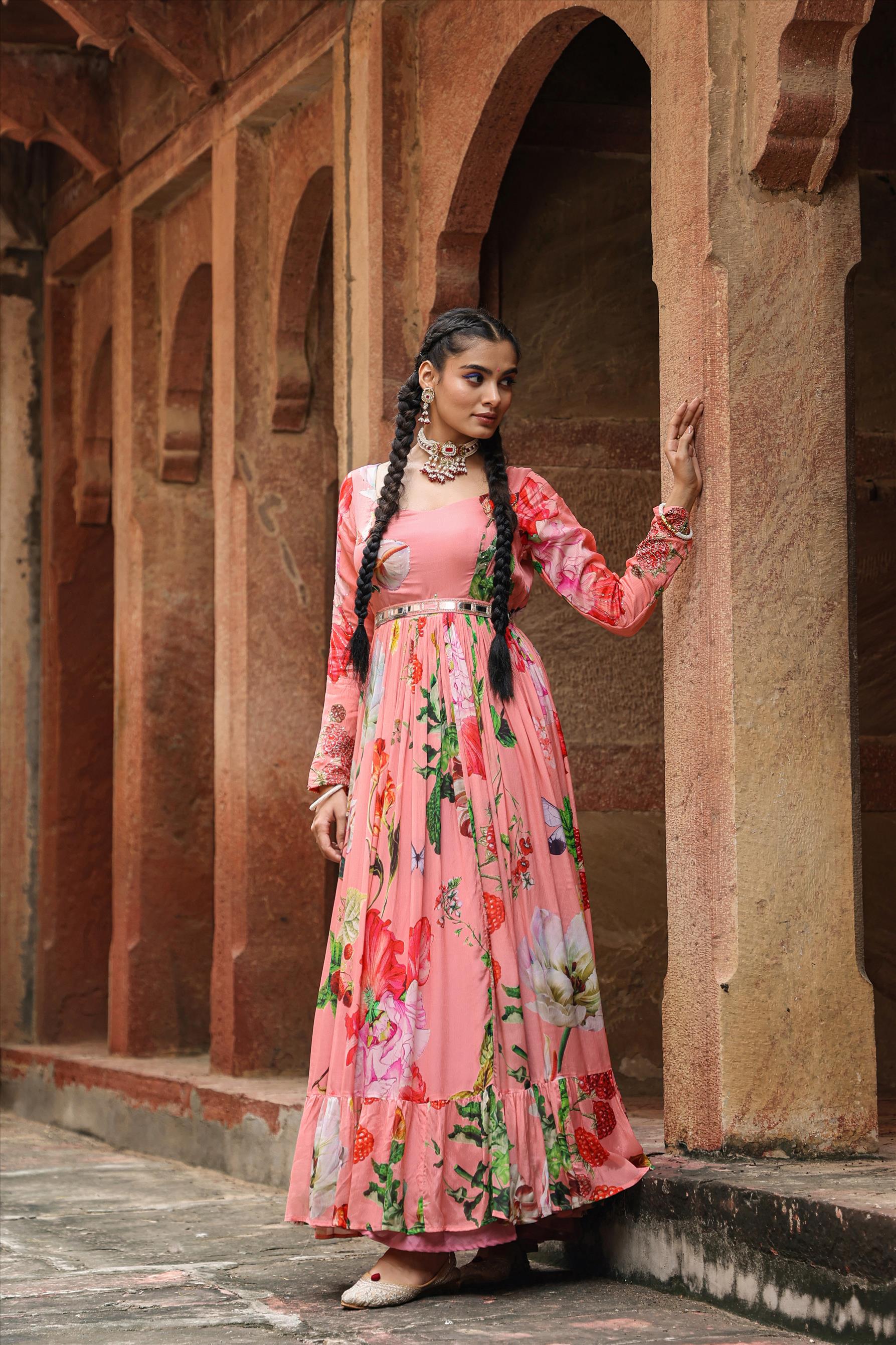 Pink Chinon Silk Floral Print Gathered Gown With Belt