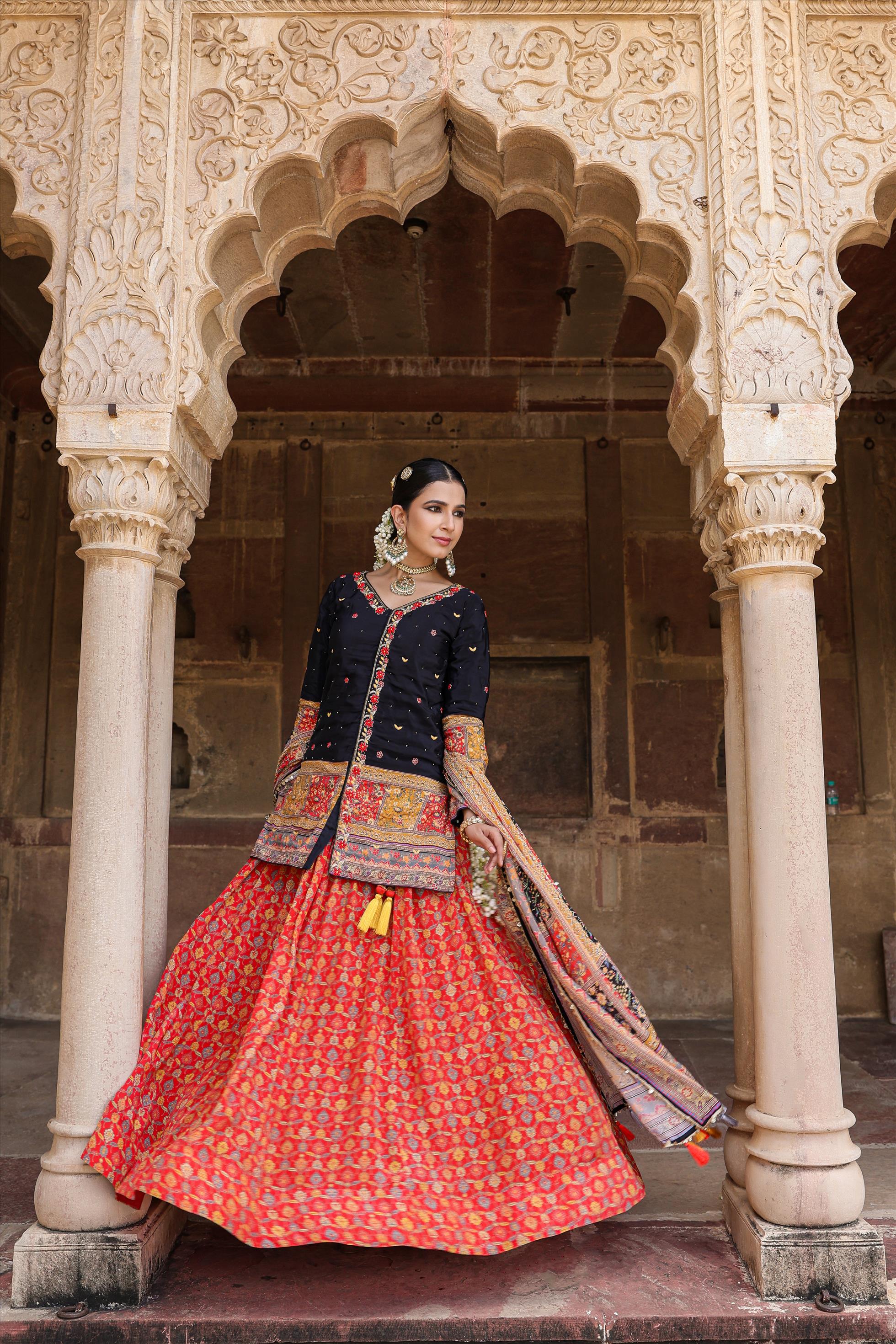 Black Crepe Silk Printed & Embellished Rajasthani Lehenga Choli Dupatta Set