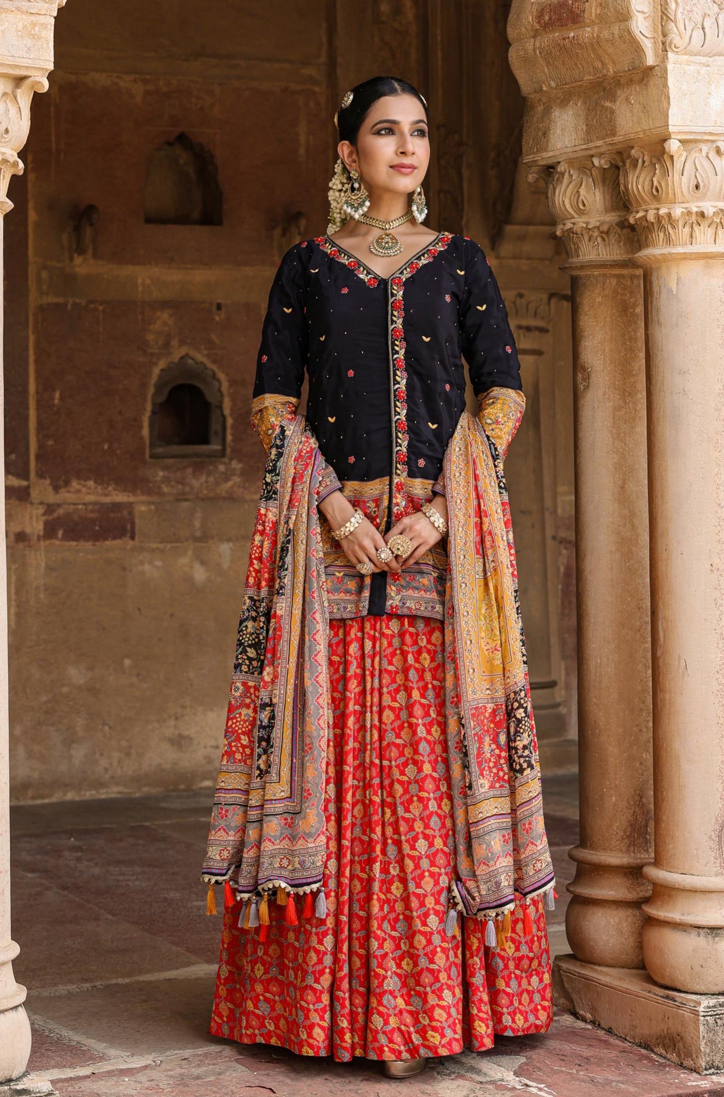 Black Crepe Silk Printed & Embellished Rajasthani Lehenga Choli Dupatta Set