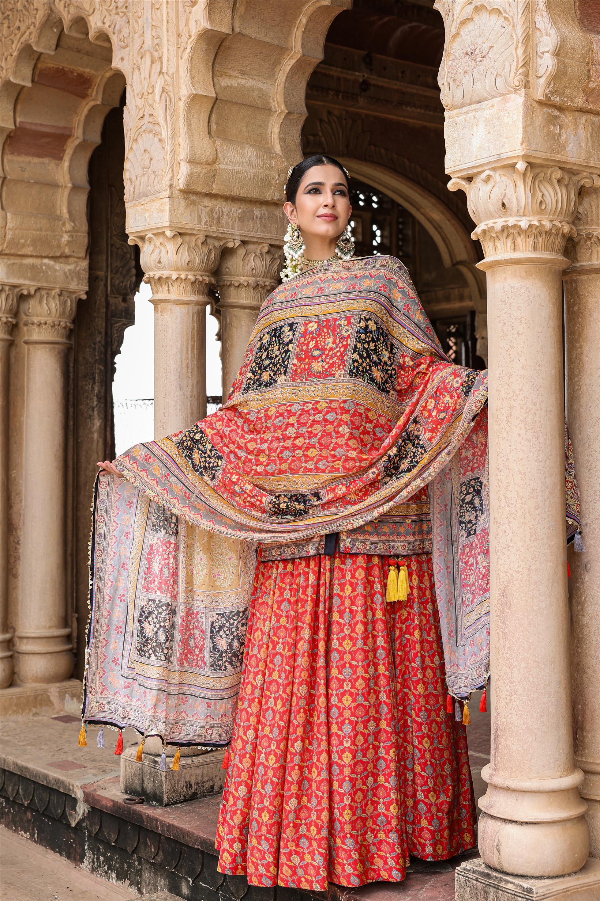 Buy Scakhi Black Crepe Silk Printed & Embellished Rajasthani Lehenga Jacket  Dupatta (Set of 3) online