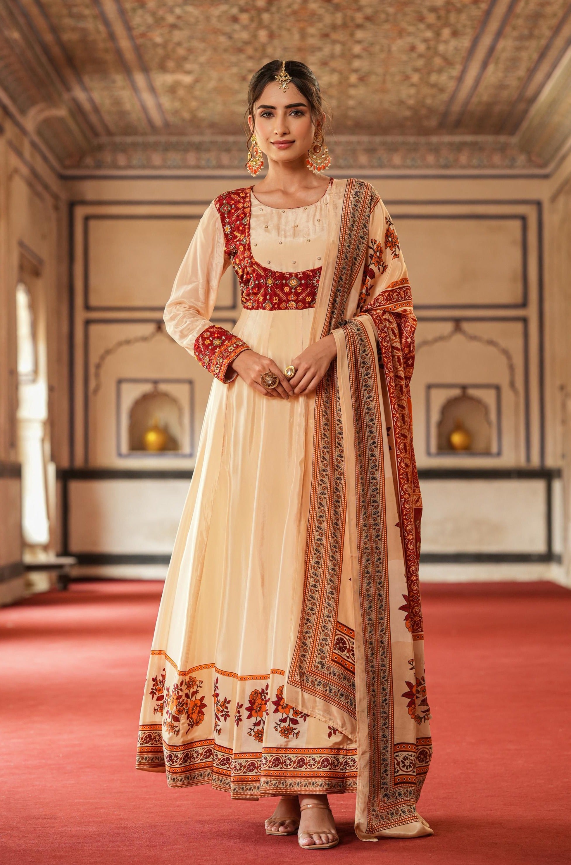 Cream Crepe Silk Embellished Koti Style Anarkali Gown With Dupatta