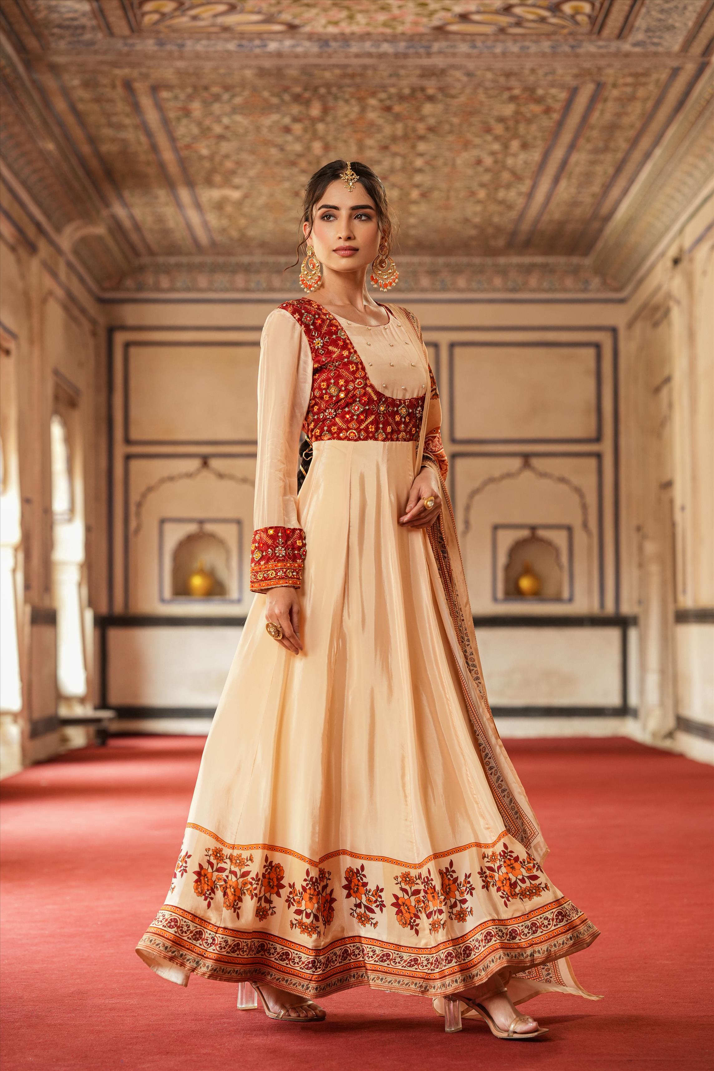Cream Crepe Silk Embellished Koti Style Anarkali Gown With Dupatta
