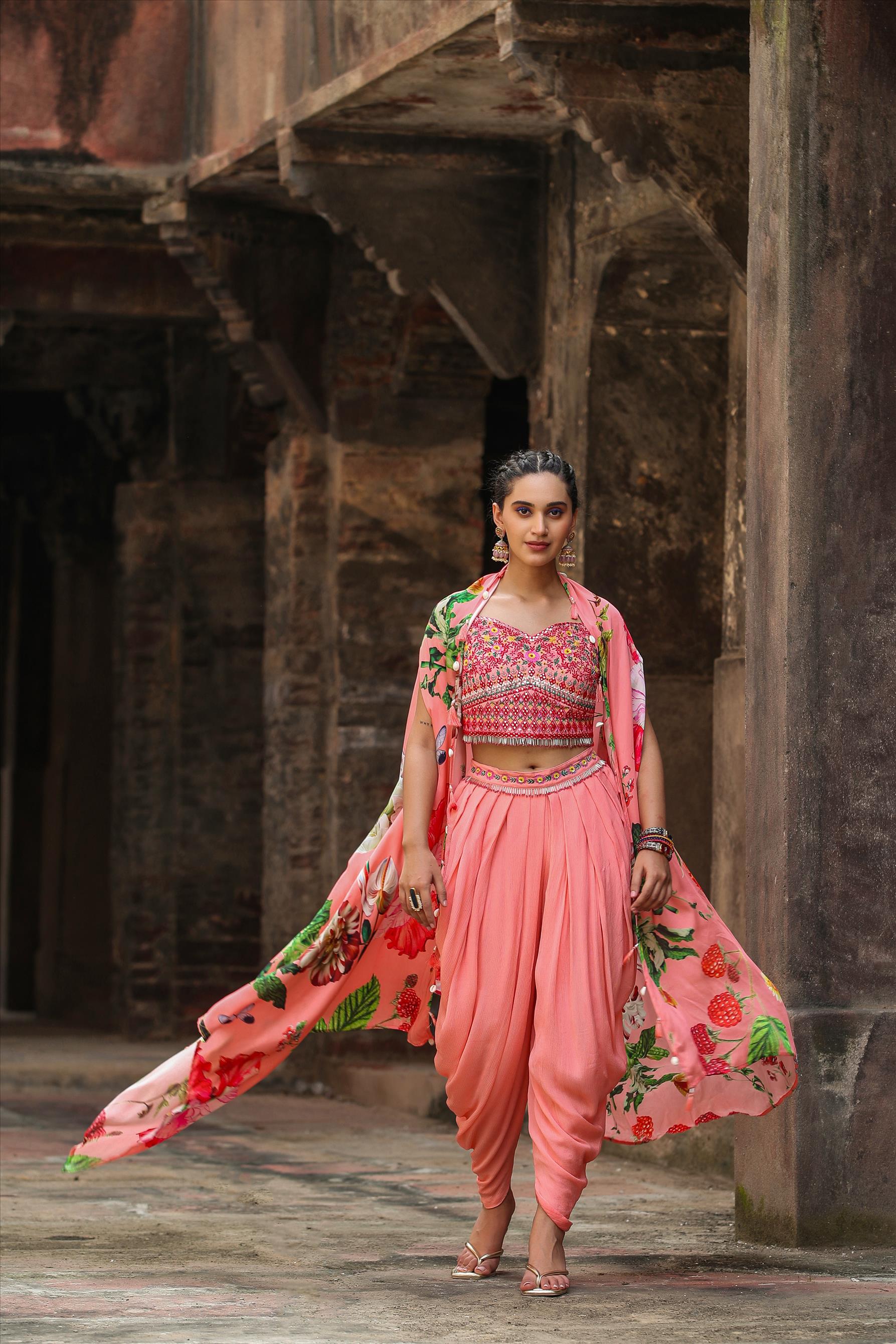 Pink Chinon Silk Printed & Embroidered Dhoti Set With Cape