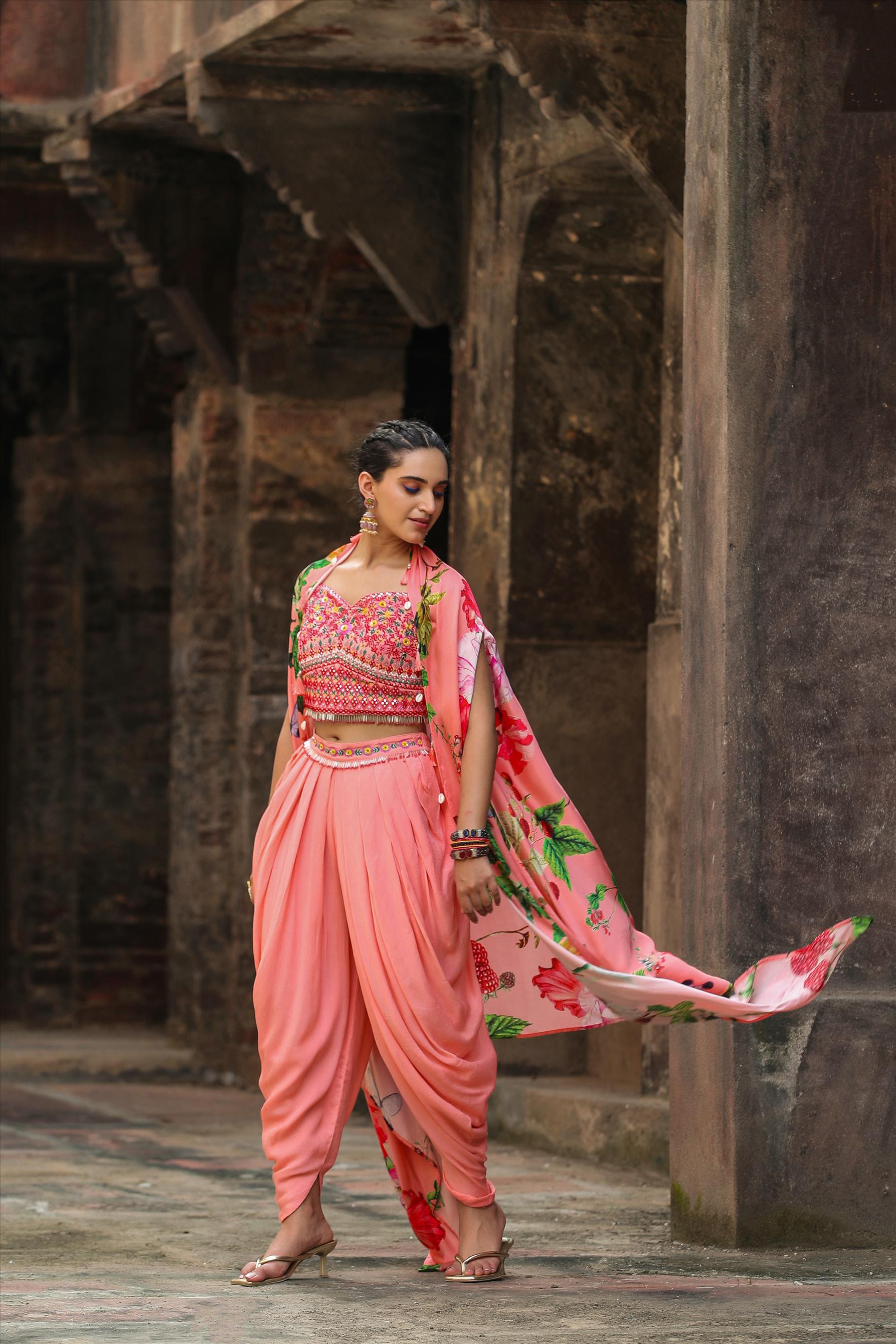 Pink Chinon Silk Floral Print Dhoti Pant, Choli And Cape Set