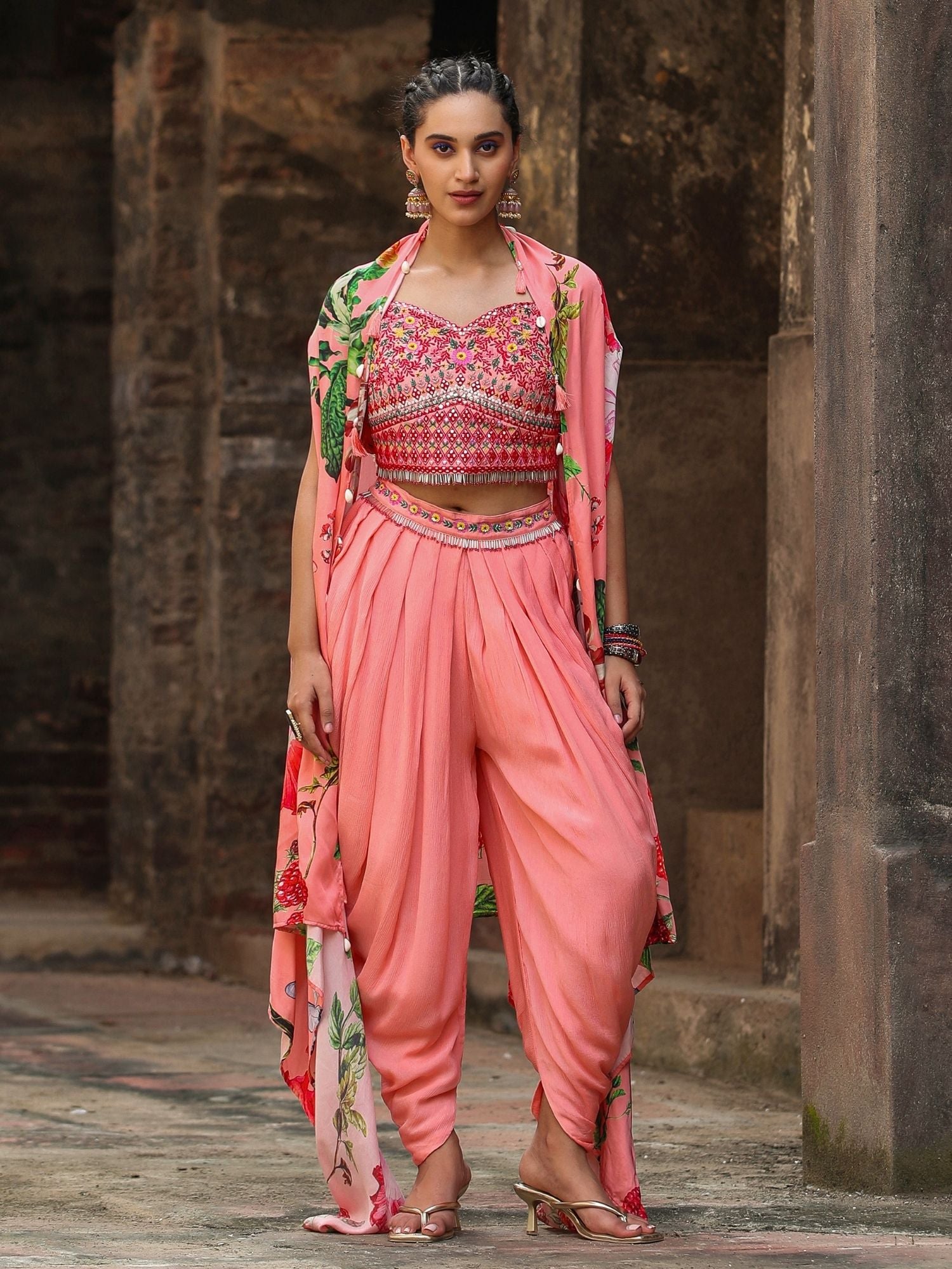 Pink Chinon Silk Floral Print Dhoti Pant, Choli And Cape Set