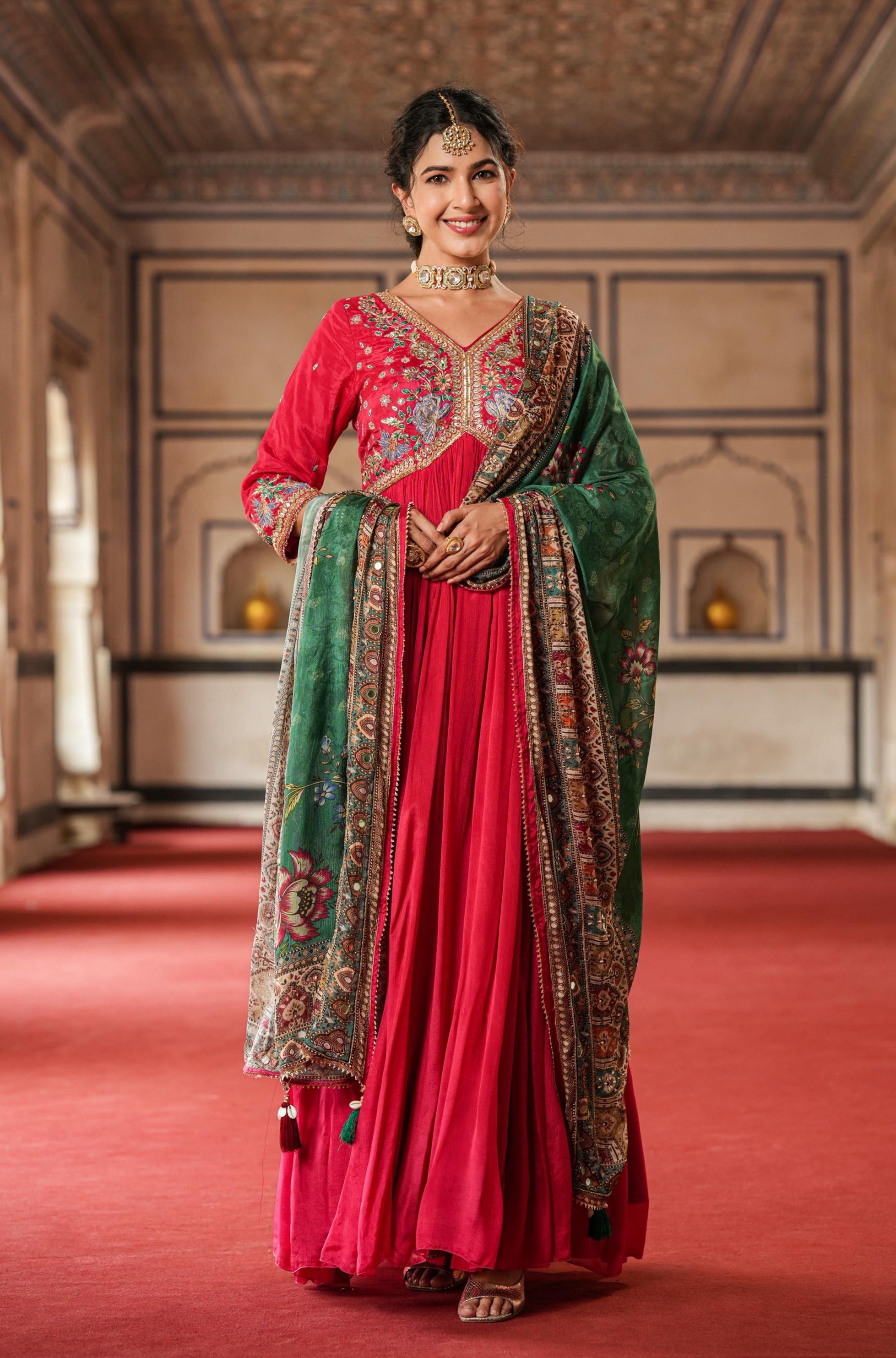 Red Chinon Silk Embellished Gown With Dupatta