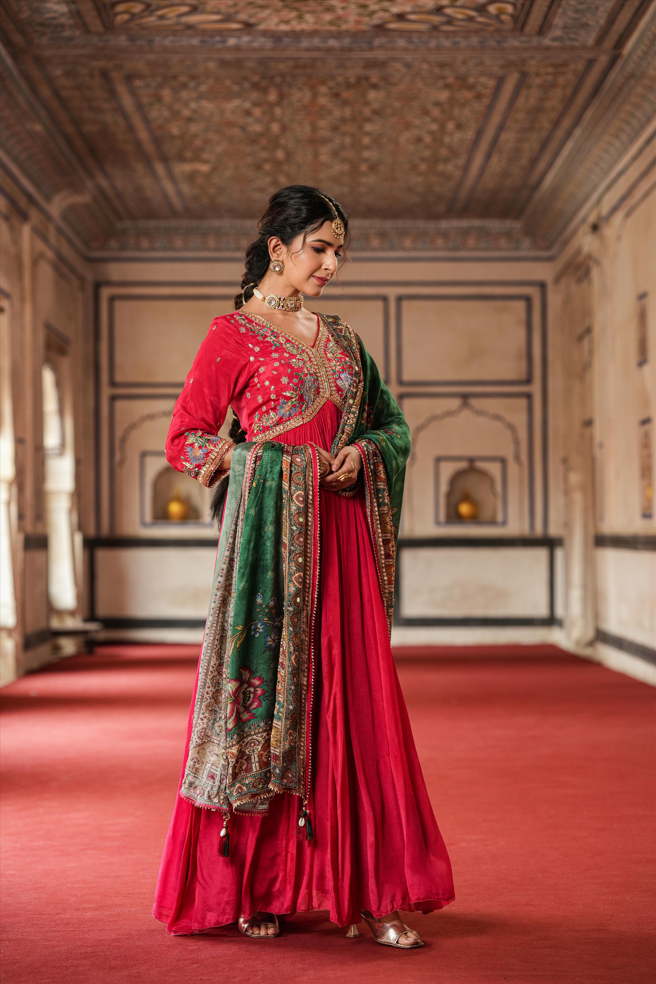 Red Chinon Silk Embellished Gown With Dupatta