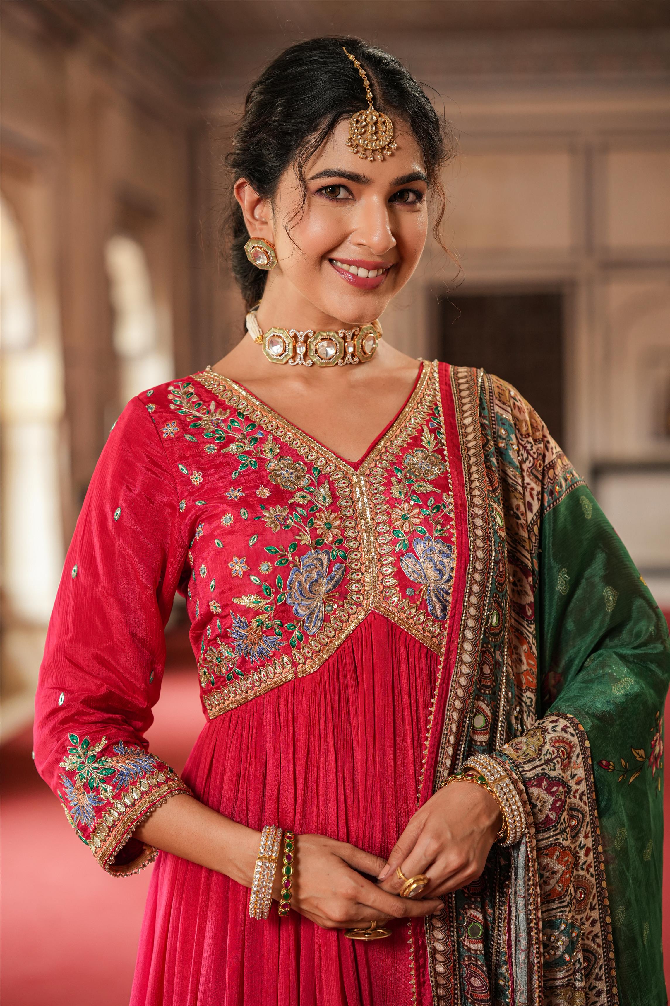 Red Chinon Silk Embellished Gown With Dupatta
