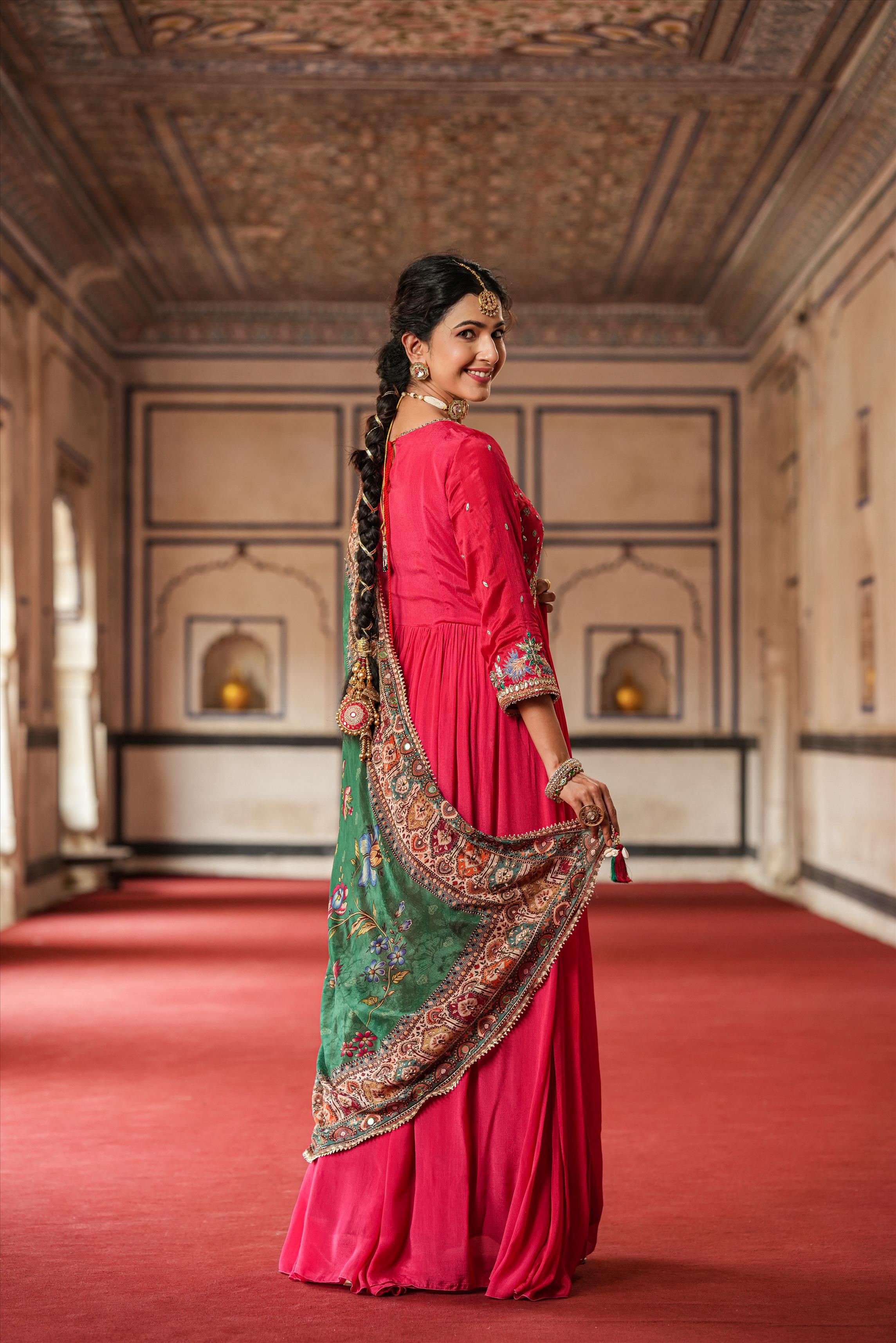 Red Chinon Silk Embellished Gown With Dupatta