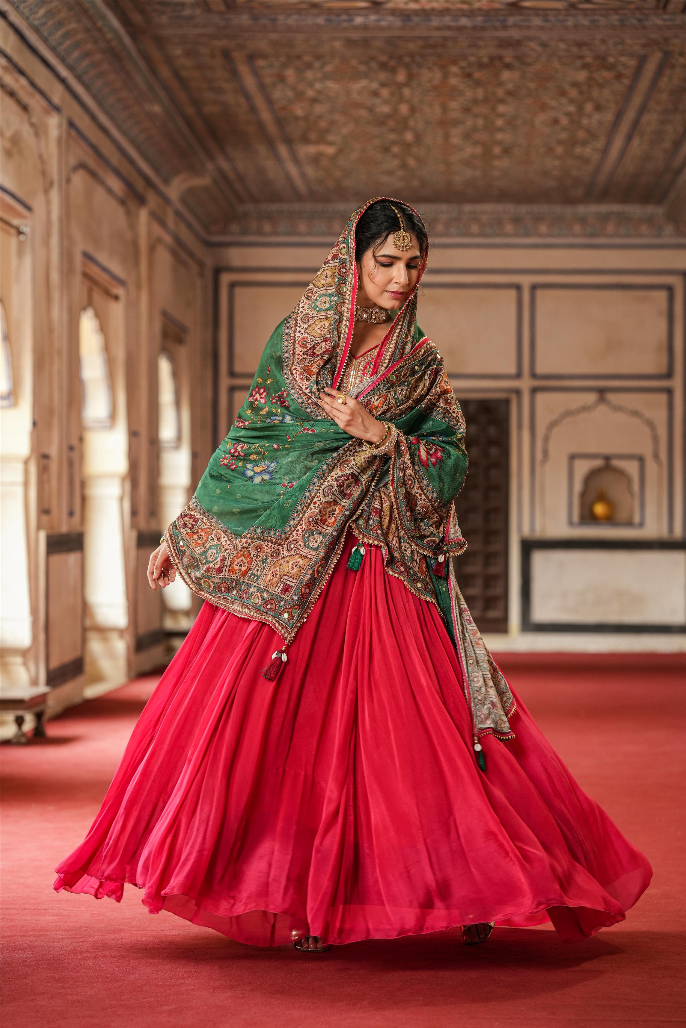 Red Chinon Silk Embellished Gown With Dupatta