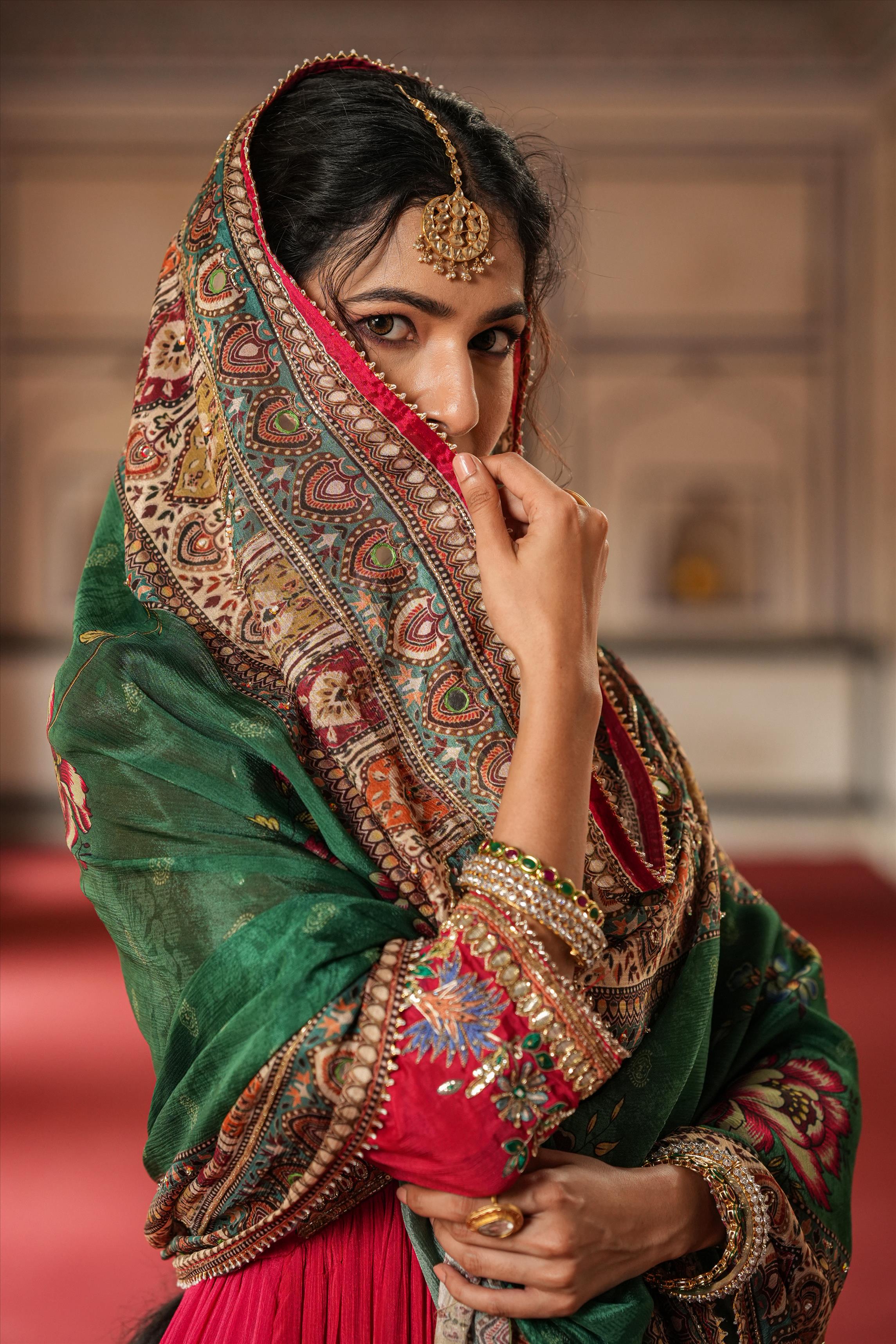 Red Chinon Silk Embellished Gown With Dupatta