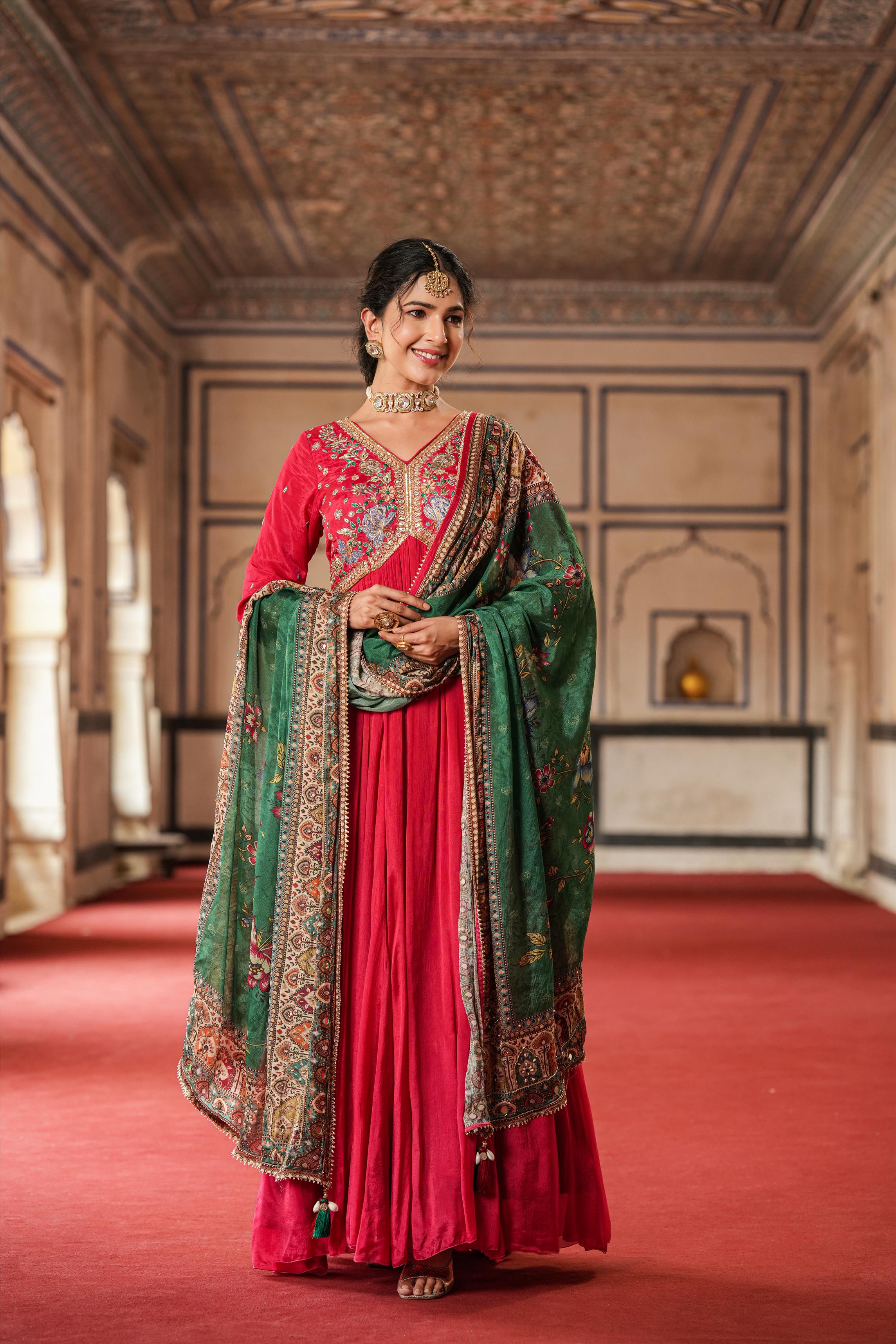 Red Chinon Silk Embellished Gown With Dupatta
