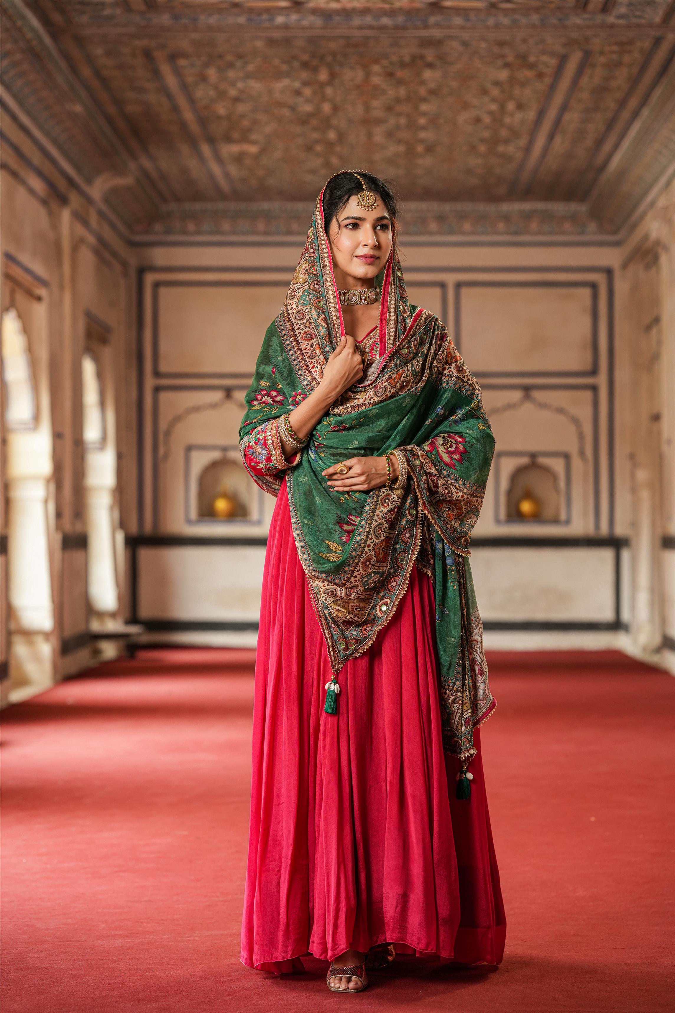 Red Chinon Silk Embellished Gown With Dupatta