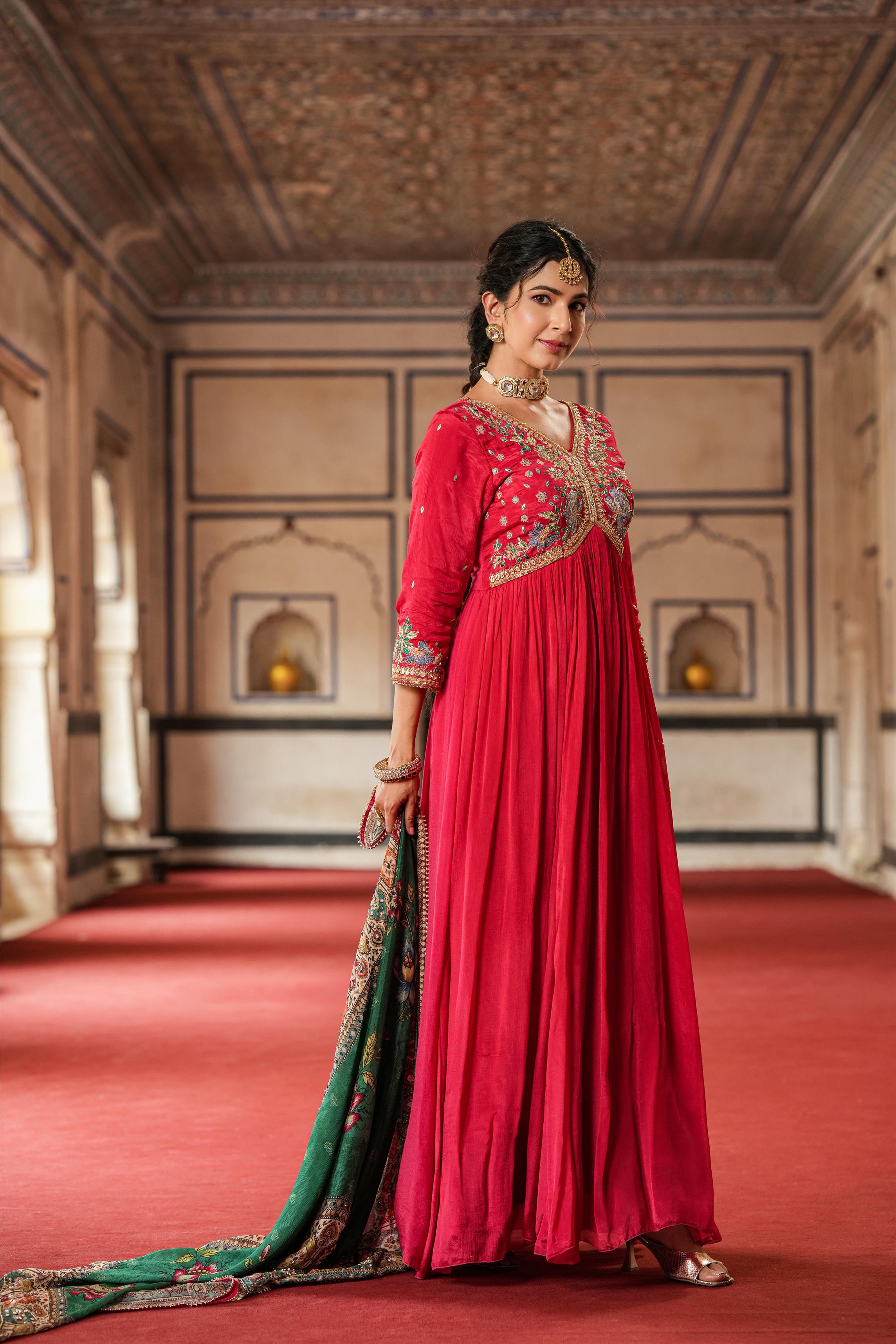 Red Chinon Silk Embellished Gown With Dupatta