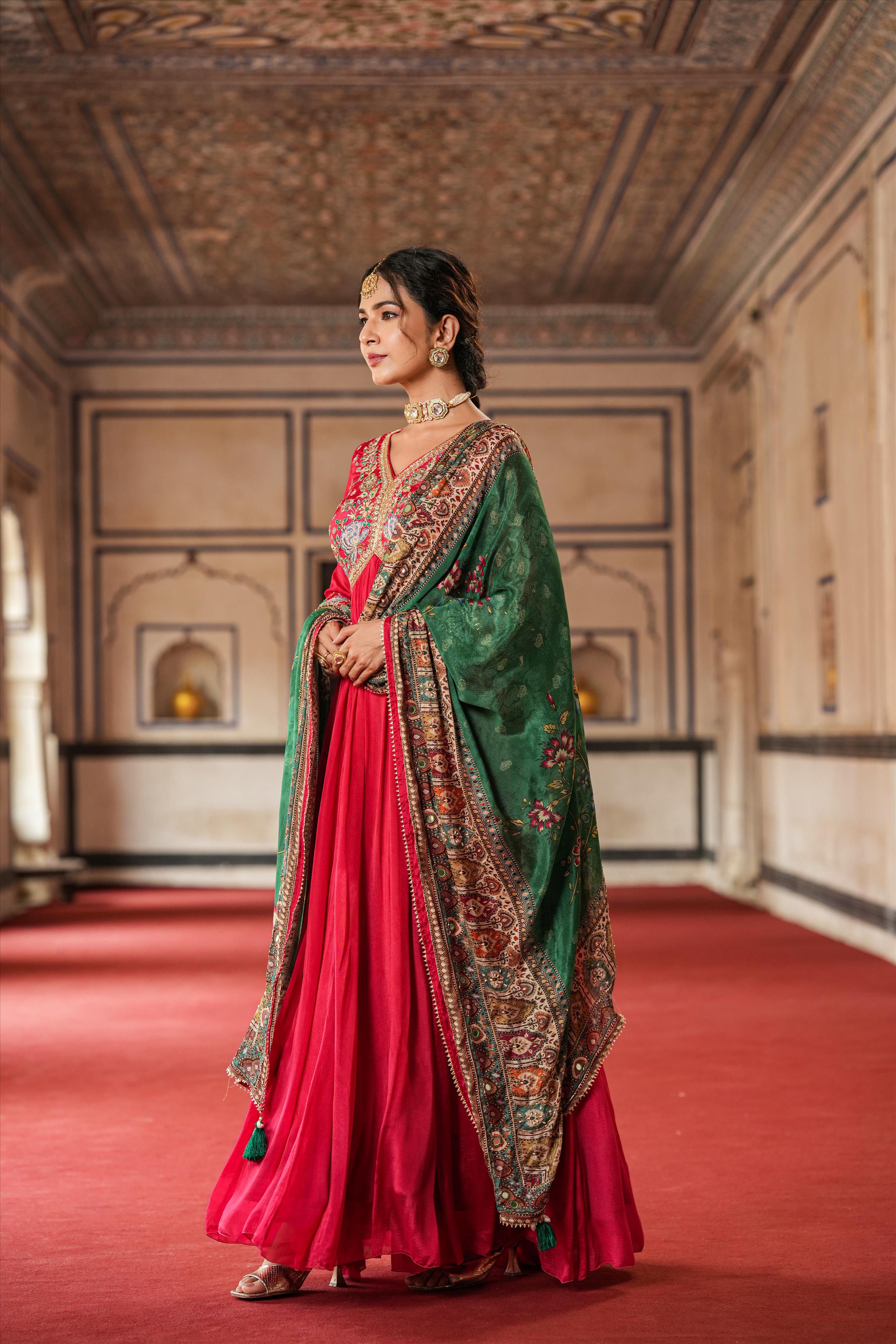 Red Chinon Silk Embellished Gown With Dupatta